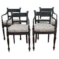 Antique Set of Four Ebony Carved Cane Seat Dining Armchairs