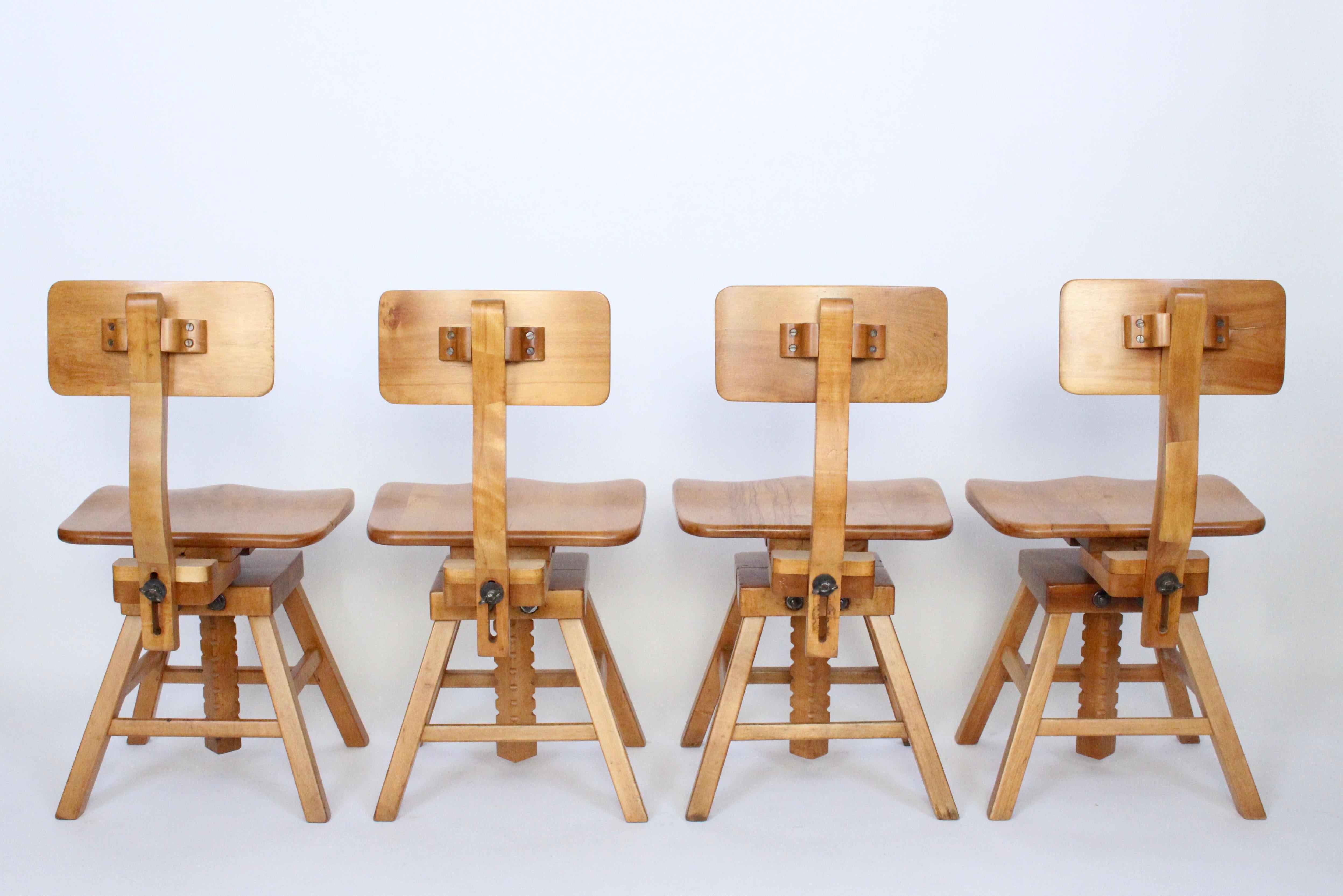 Industrial Set of Four Edward L. Koenig Adjustable Architects Chairs in Maple, circa 1940