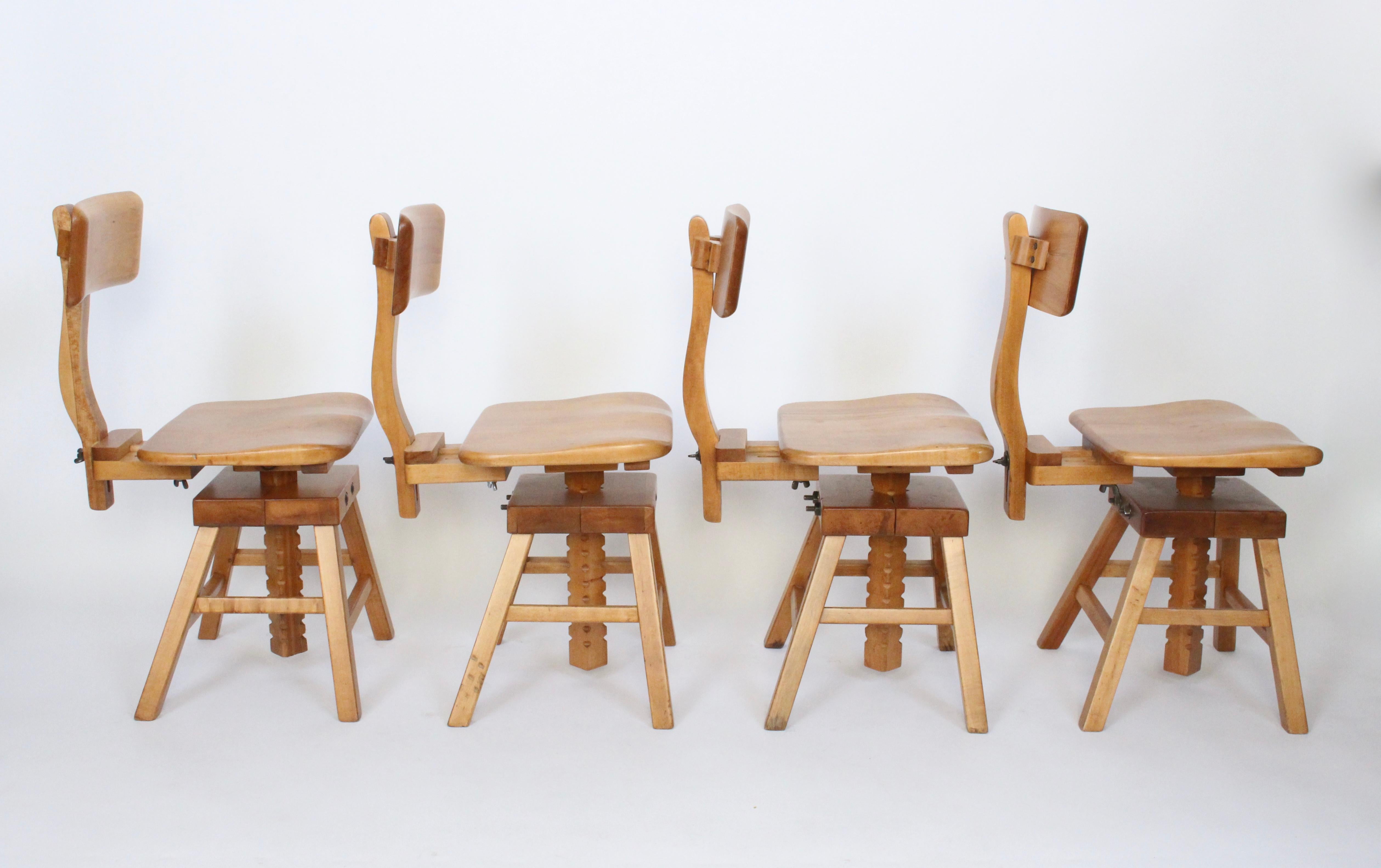 American Set of Four Edward L. Koenig Adjustable Architects Chairs in Maple, circa 1940