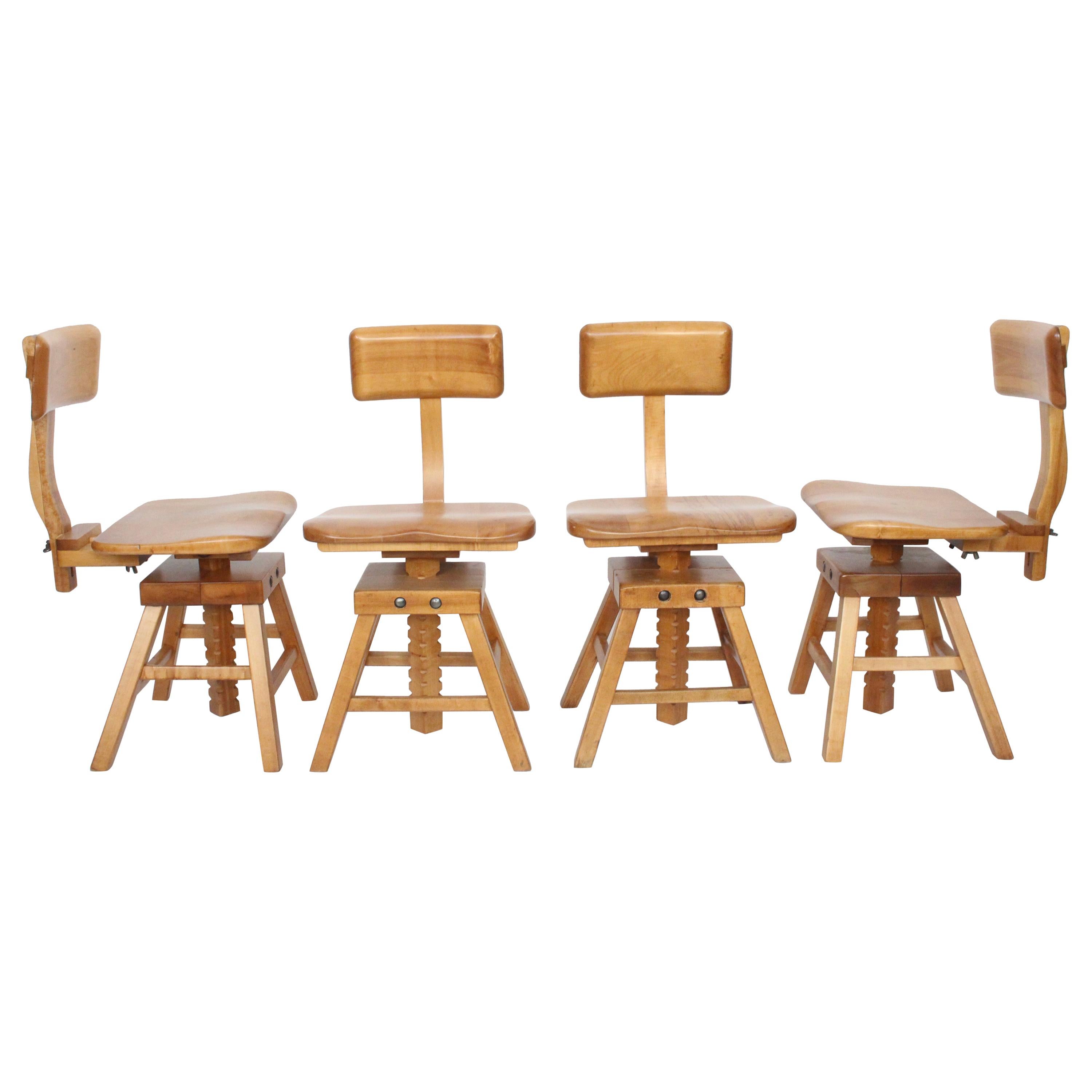 Set of Four Edward L. Koenig Adjustable Architects Chairs in Maple, circa 1940