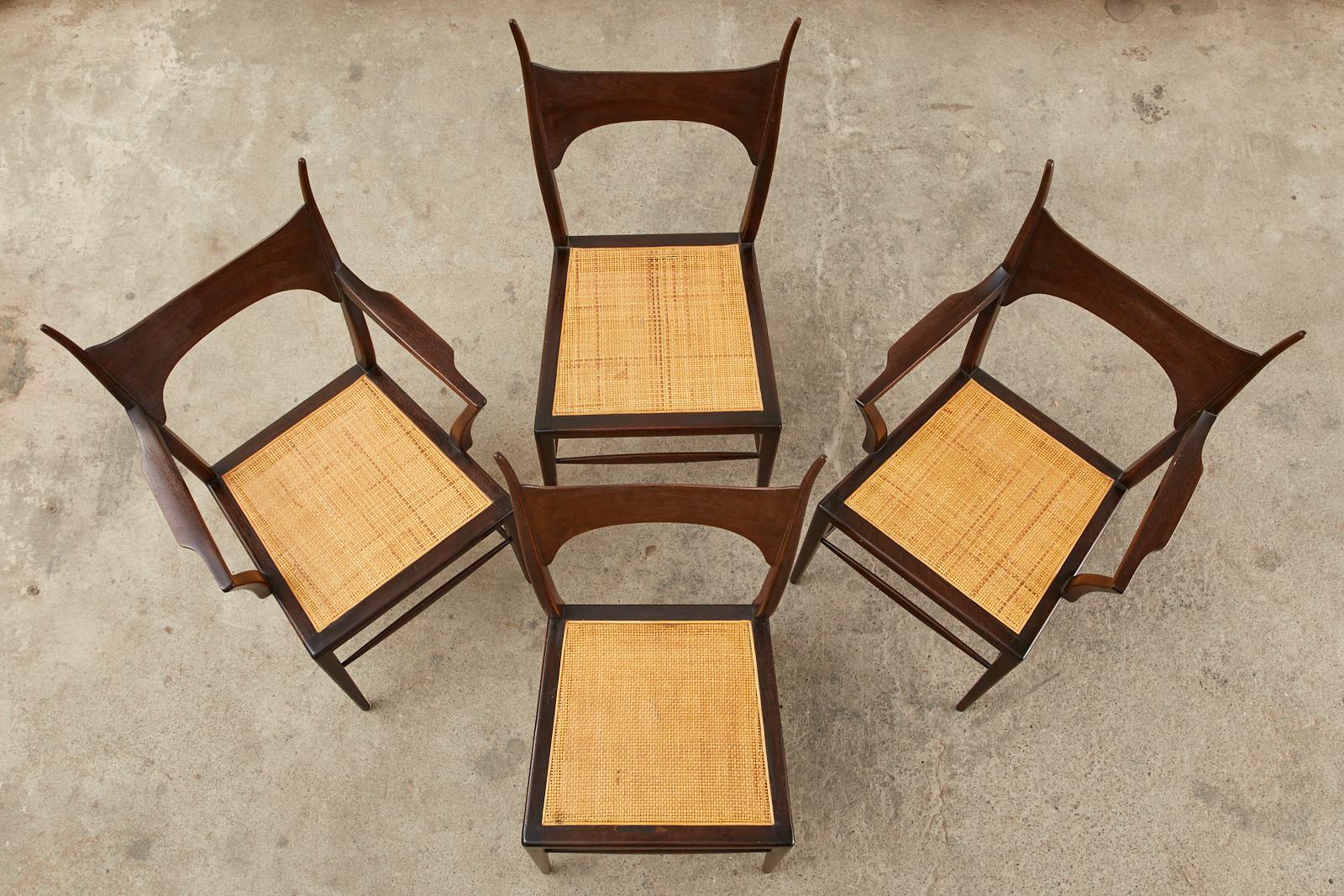 Cane Set of Four Edward Wormley for Dunbar Horned Dining Chairs For Sale