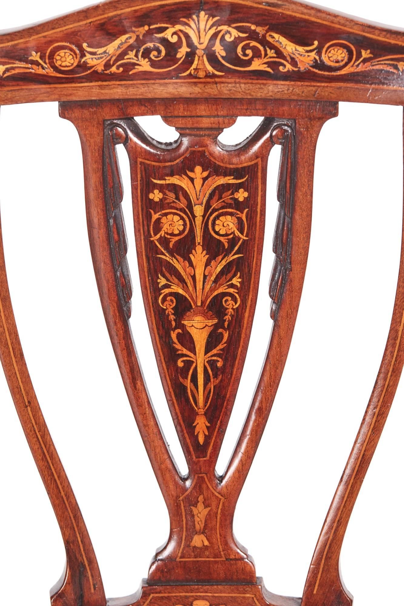 European Set of Four Edwardian Mahogany and Rosewood Inlaid Dining Chairs For Sale