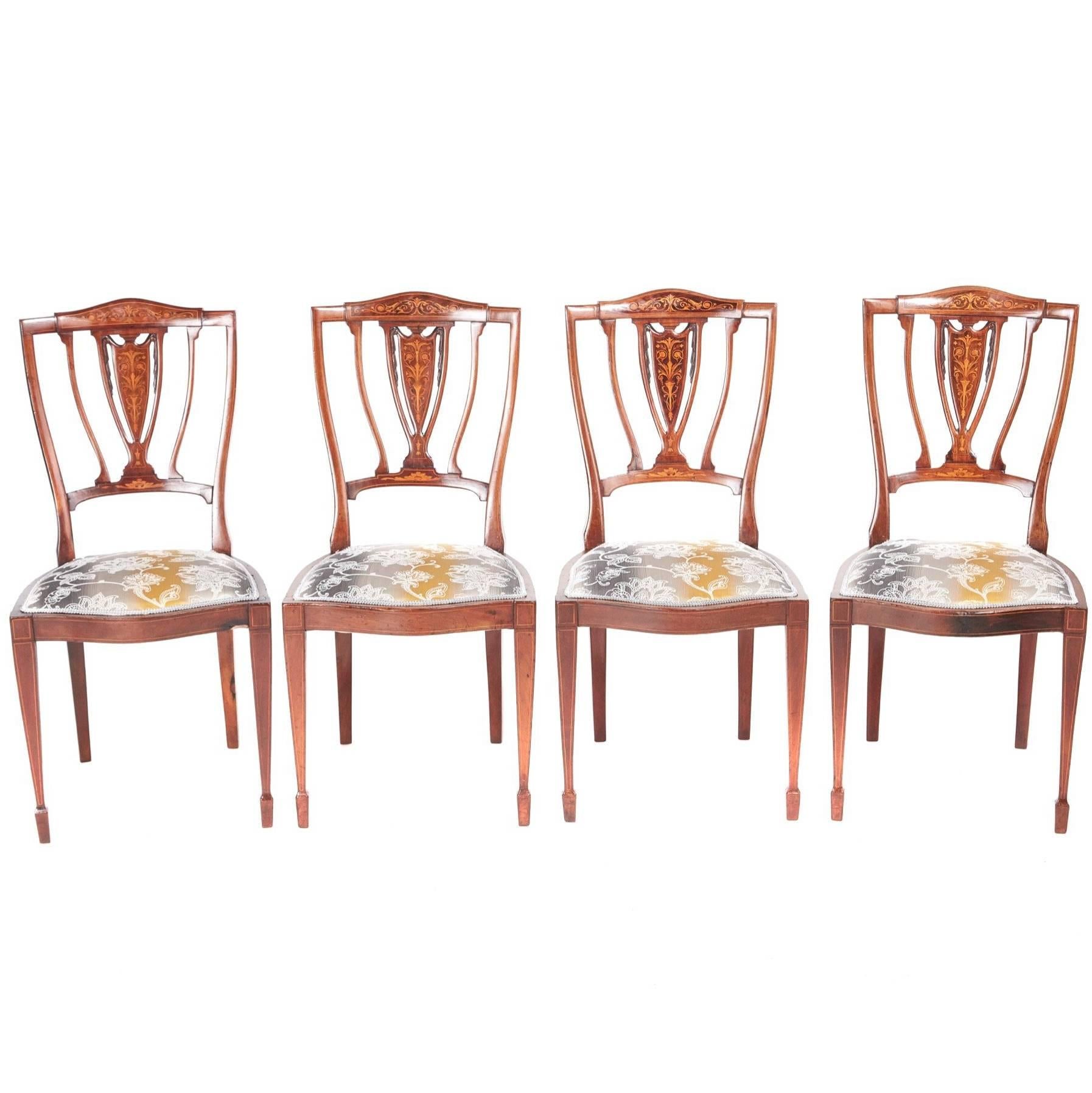Set of Four Edwardian Mahogany and Rosewood Inlaid Dining Chairs For Sale