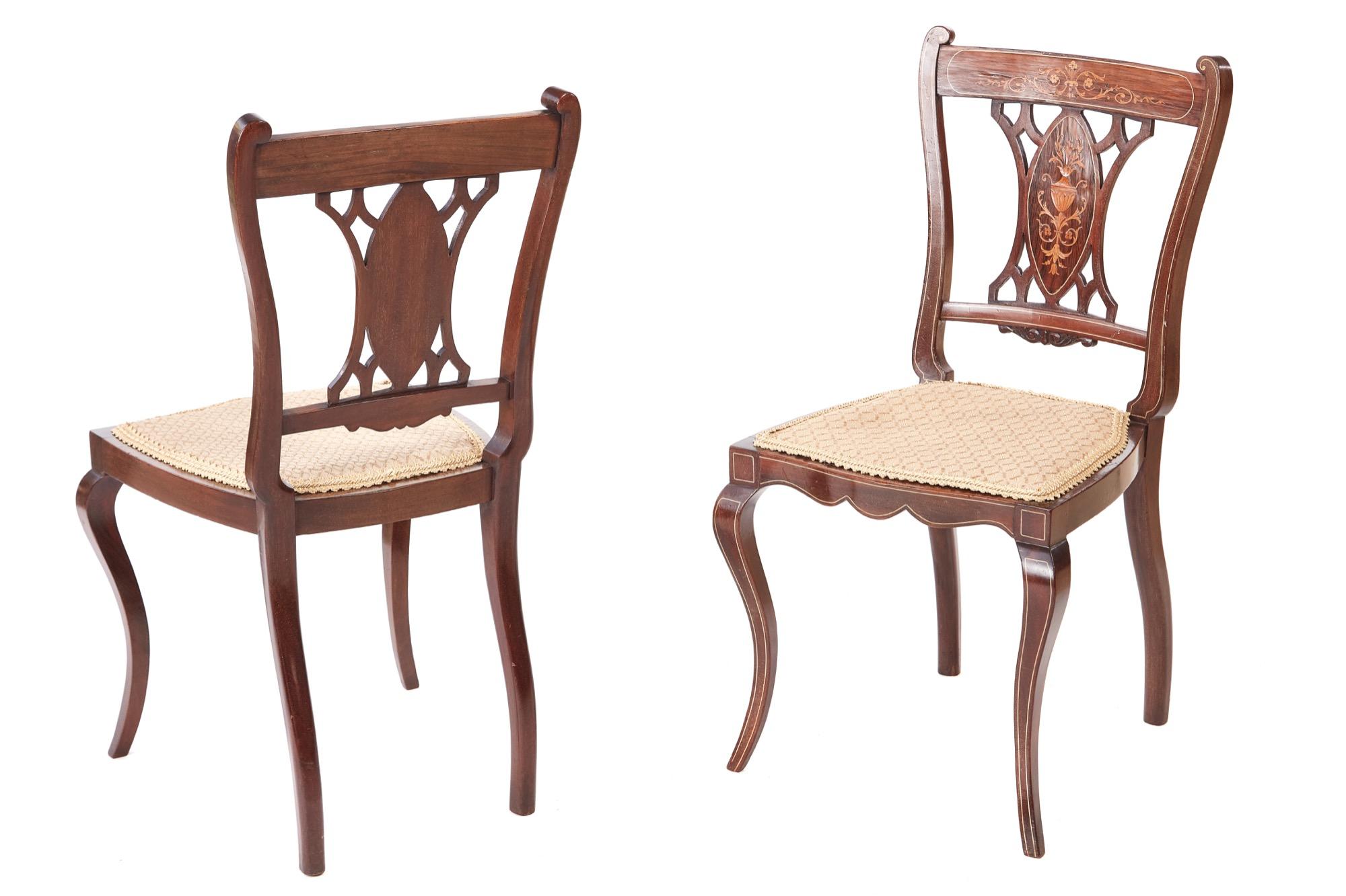 Set of four Edwardian rosewood inlaid dining chairs, having a lovely inlaid top rail,lovely inlaid shaped centre splats,standing on shaped cabriole legs to the front united by a shaped frieze, outswept back legs
Newly recovered seats
Lovely colour