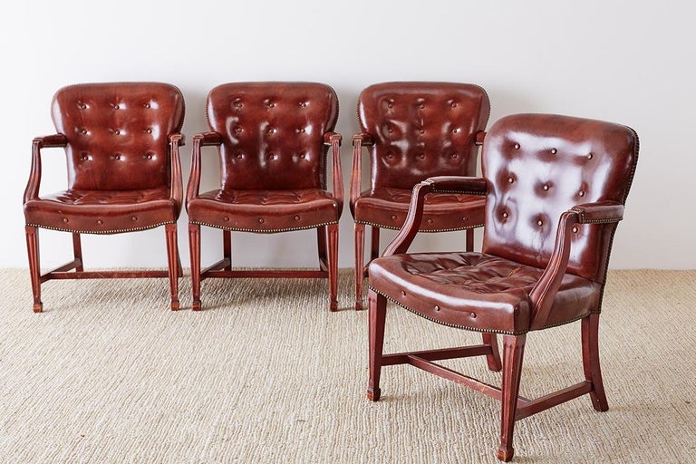 Set of Four Edwardian Tufted Leather Library Chairs at 1stDibs