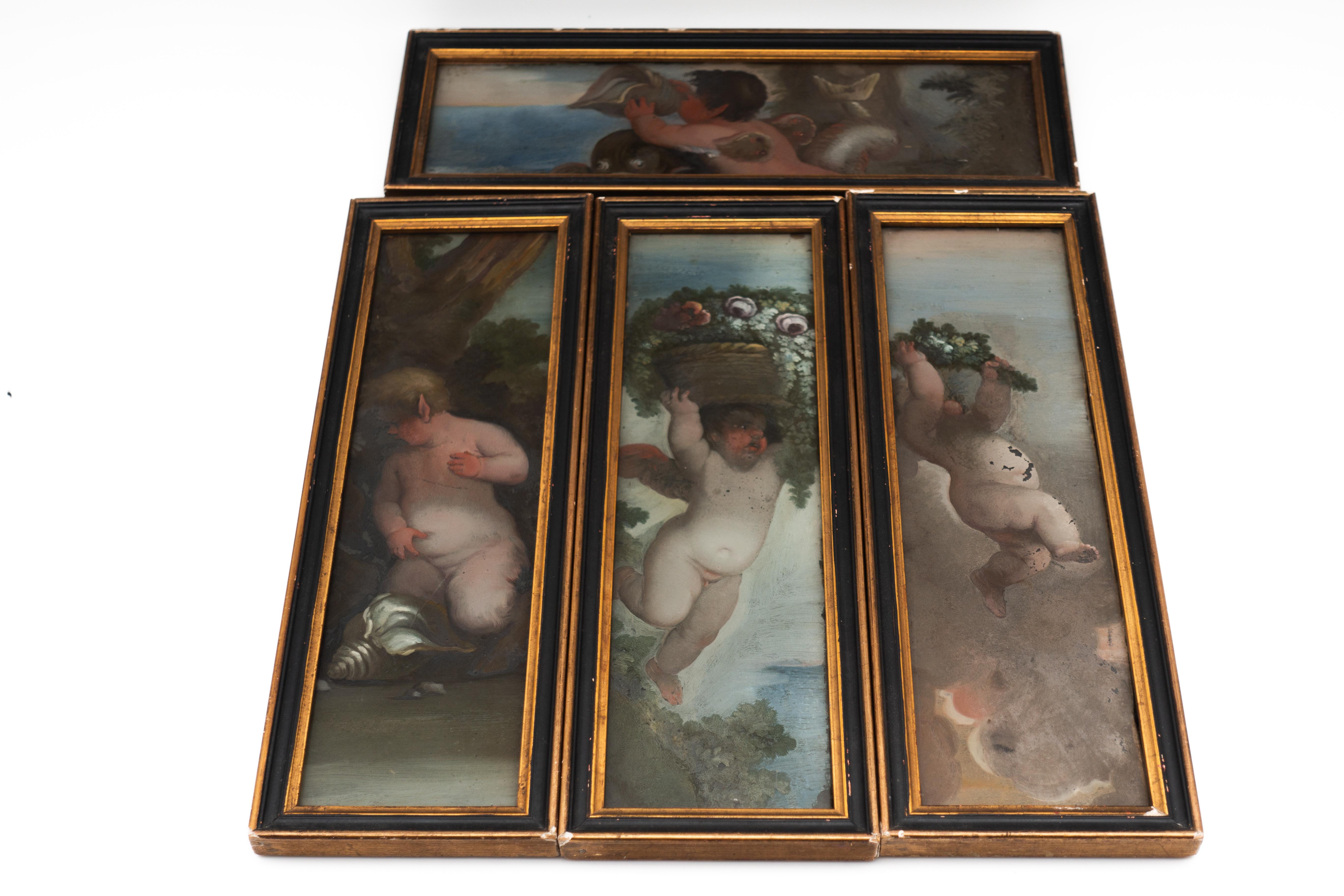 Set of four Renaissance-inspired églomisé painted panels. Verre églomisé, or back painting technique, consists of applying gold leaf to a glass substrate (plate, cup or any other object that can be decorated) using an oil-based adhesive. The gold