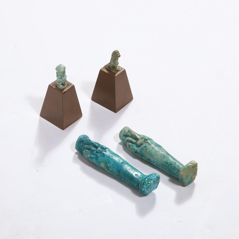 Set of Four Egyptian Antiquities, Pair of Sarcophagus Faience & Two Figurines For Sale 13