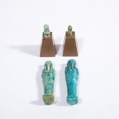 Set of Four Egyptian Antiquities, Pair of Sarcophagus Faience & Two Figurines