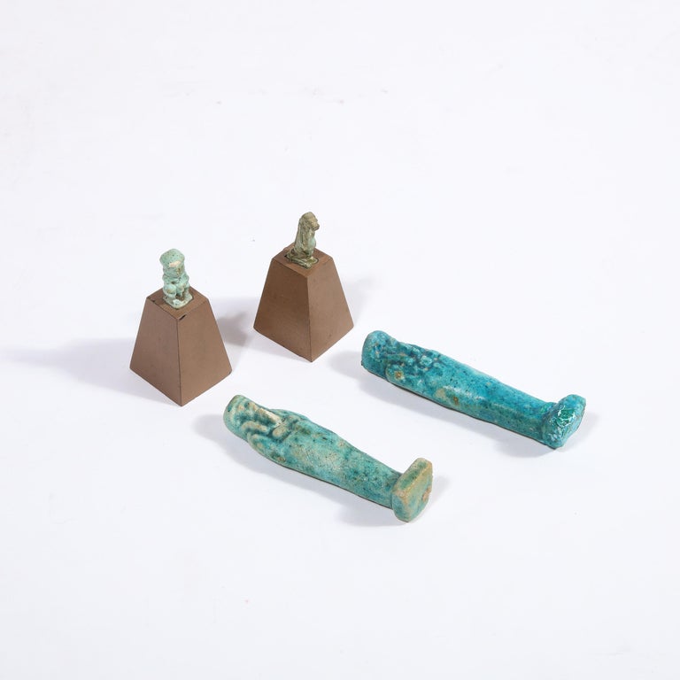 18th Century and Earlier Set of Four Egyptian Antiquities, Pair of Sarcophagus Faience & Two Figurines For Sale