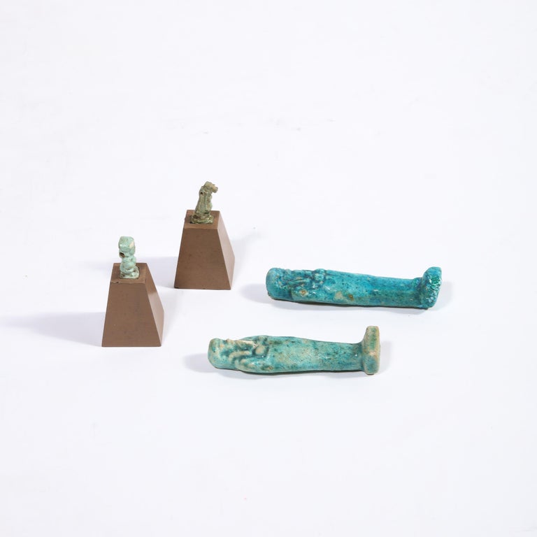 Set of Four Egyptian Antiquities, Pair of Sarcophagus Faience & Two Figurines For Sale 1