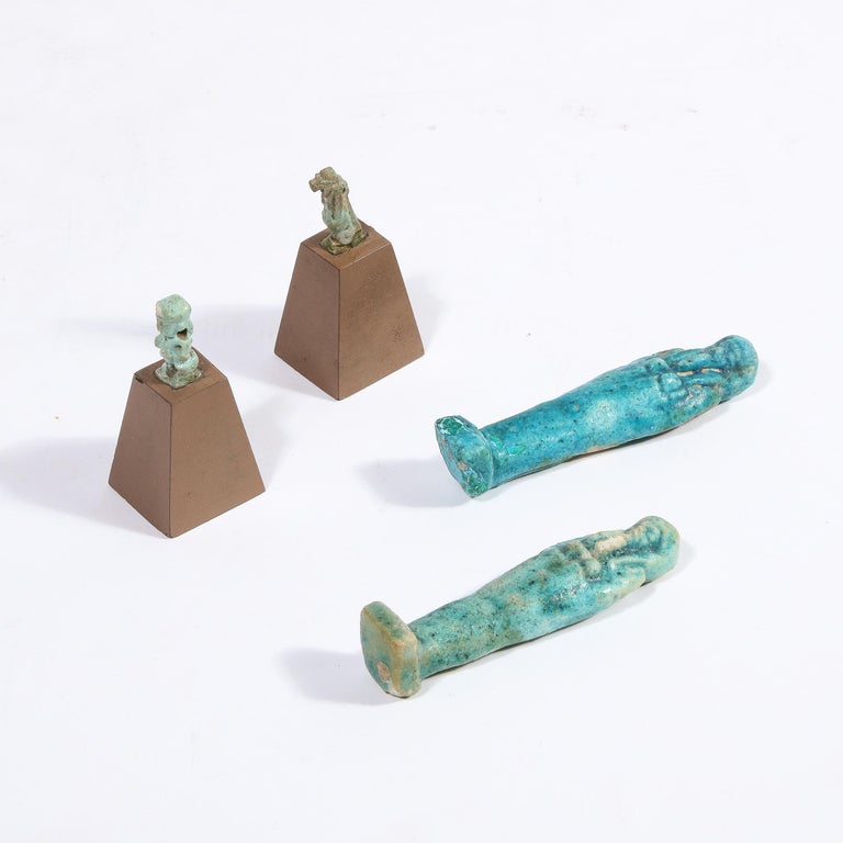 Set of Four Egyptian Antiquities, Pair of Sarcophagus Faience & Two Figurines For Sale 4