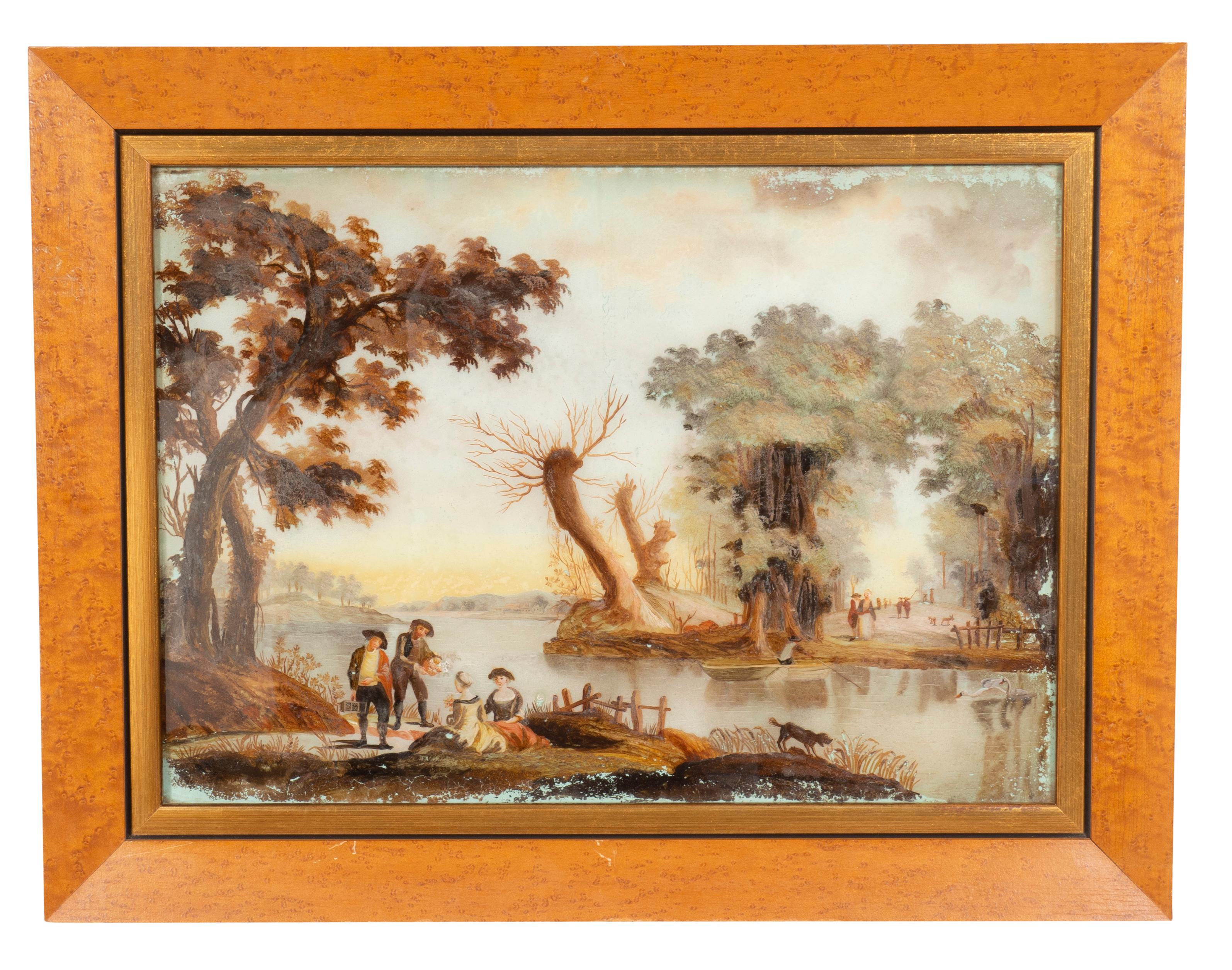 Each in later bird’s-eye maple frames. Depicting farm animals and skaters on a pond, houses and people in daily pursuits along a waterway.