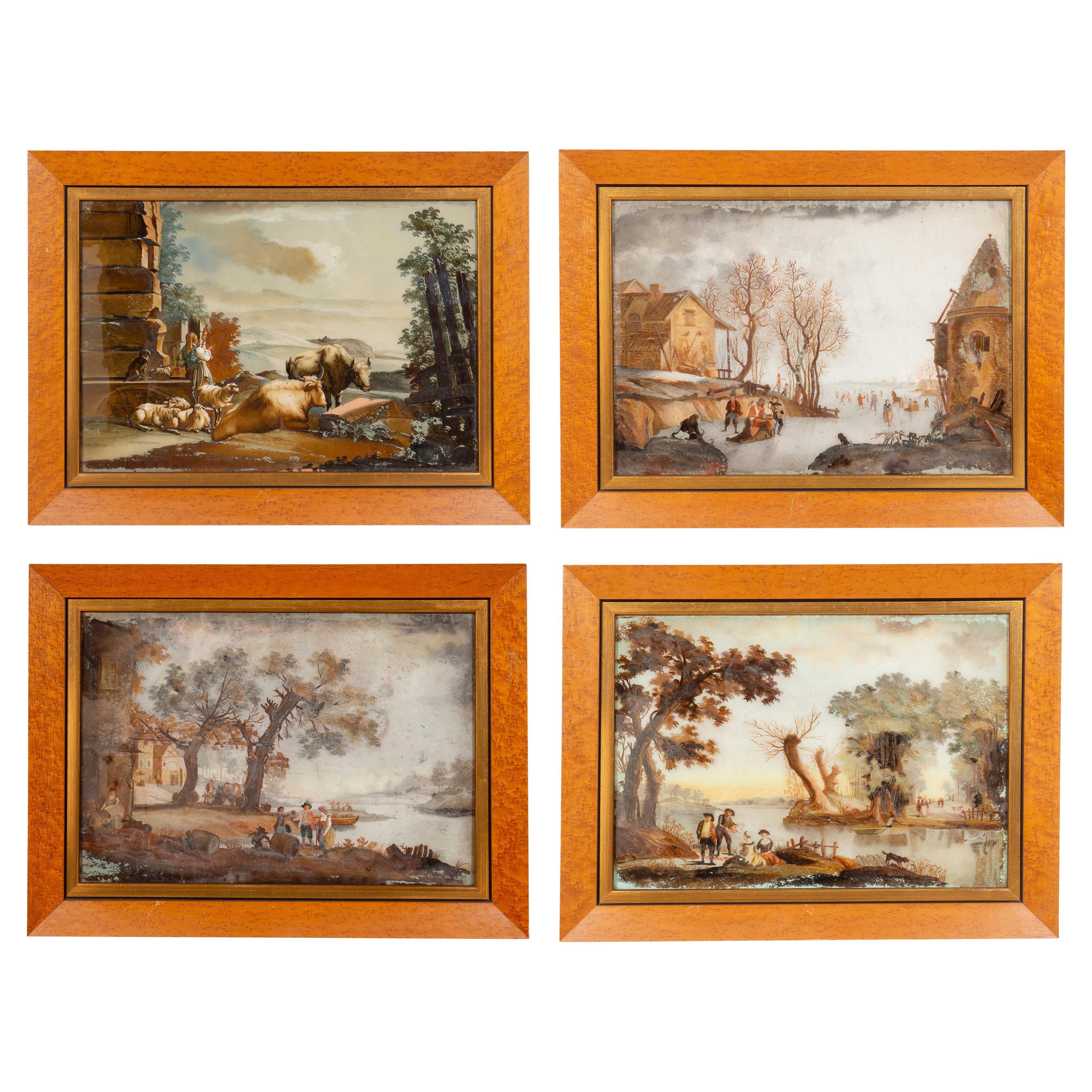 Conjunto de cuatro pinturas al revés holandesas del siglo XVIII sobre vidrio en venta