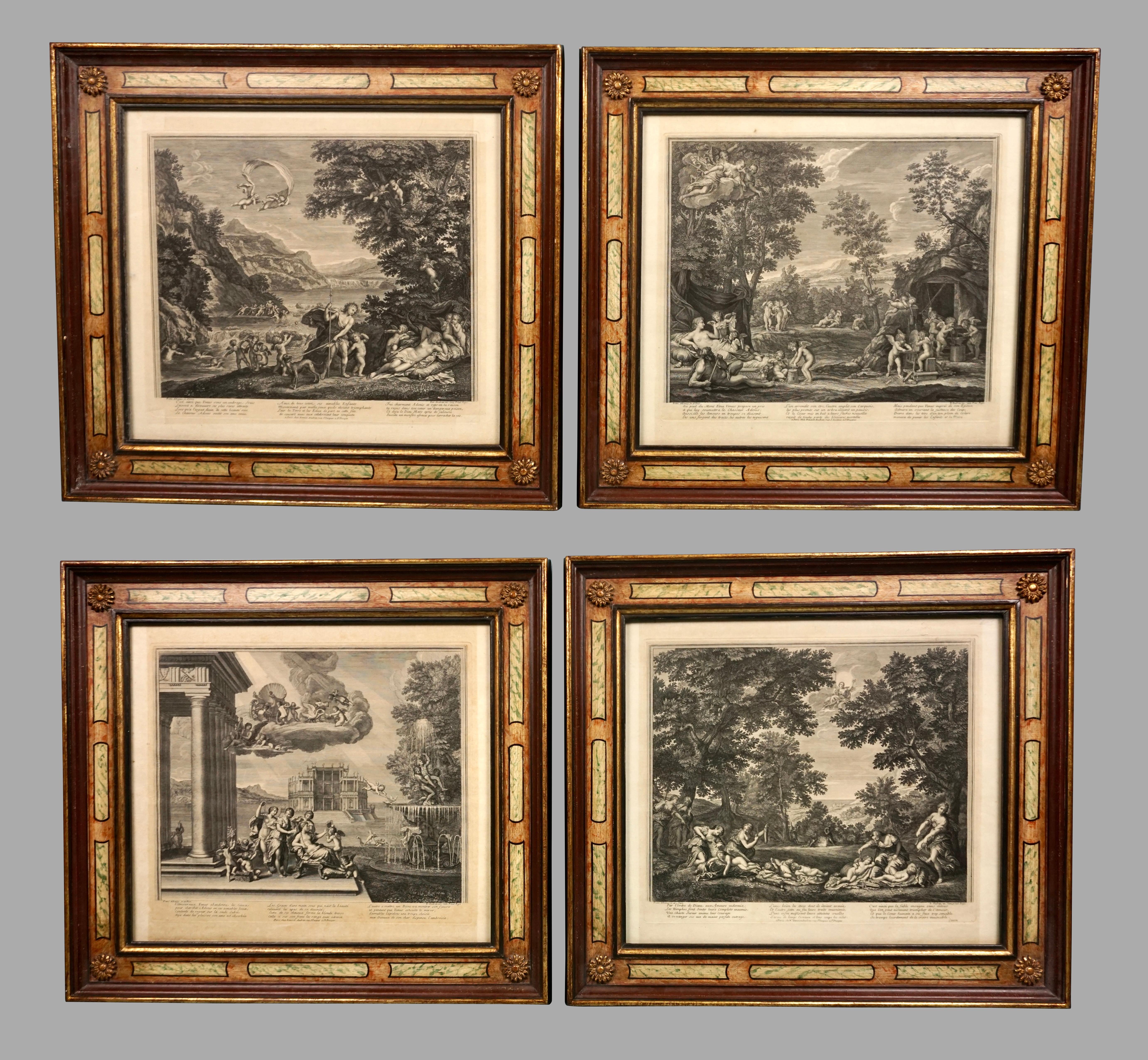A grouping of 4 Continental early 18th century etchings and engravings on laid paper after Francesco Albani (Italian 1578-1660) engraved by Benoit Audran the Elder (French 1661-1721), circa 1700. These highly detailed etchings from the series 