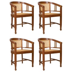 Set of Four Elbow Chairs, C20th Contemporary Tub Dining Chairs, Cane, Bergère