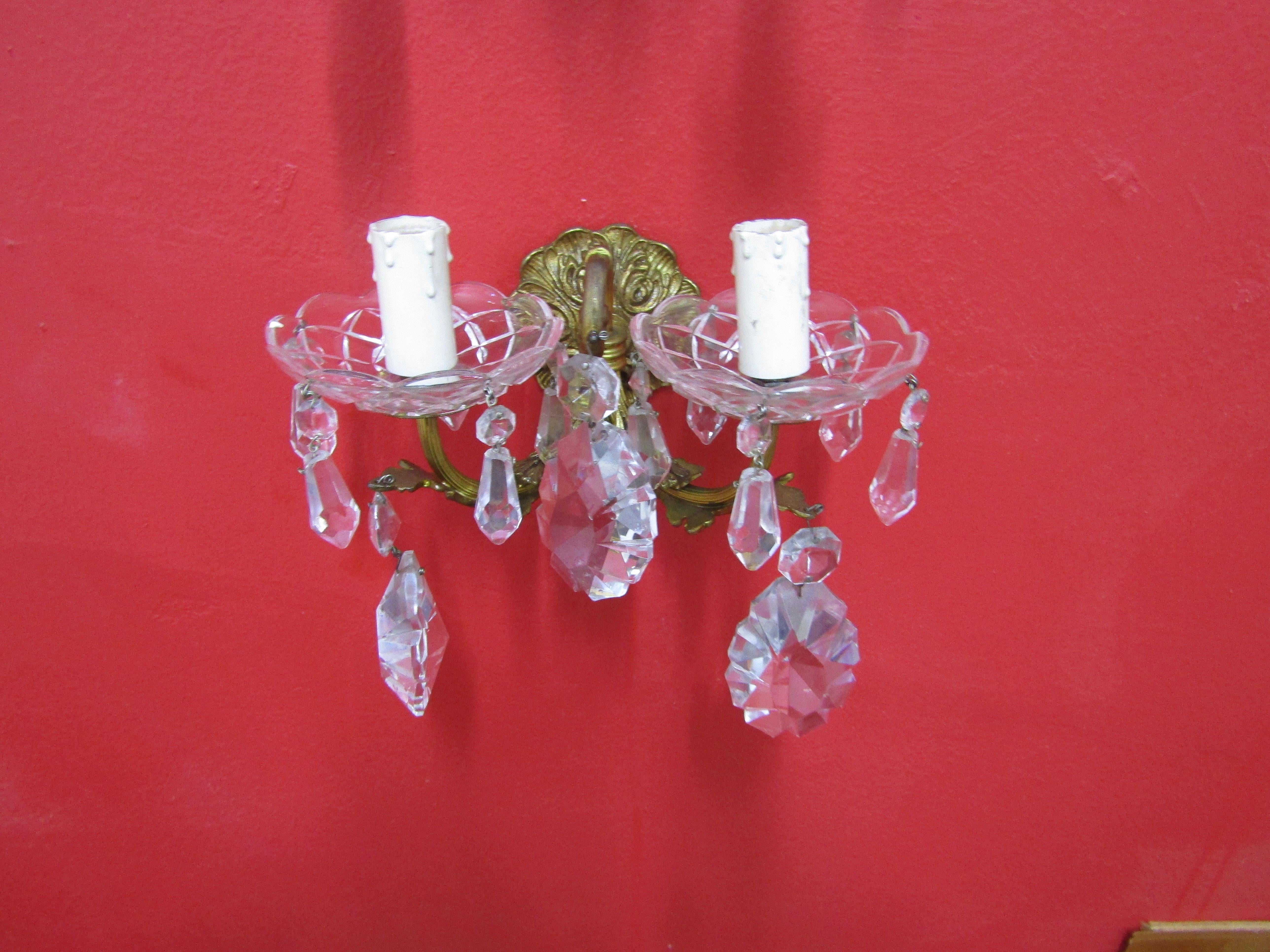 French midcenturySet of Four Elegant Sconces, Bronze and Crystal, Italian Style For Sale