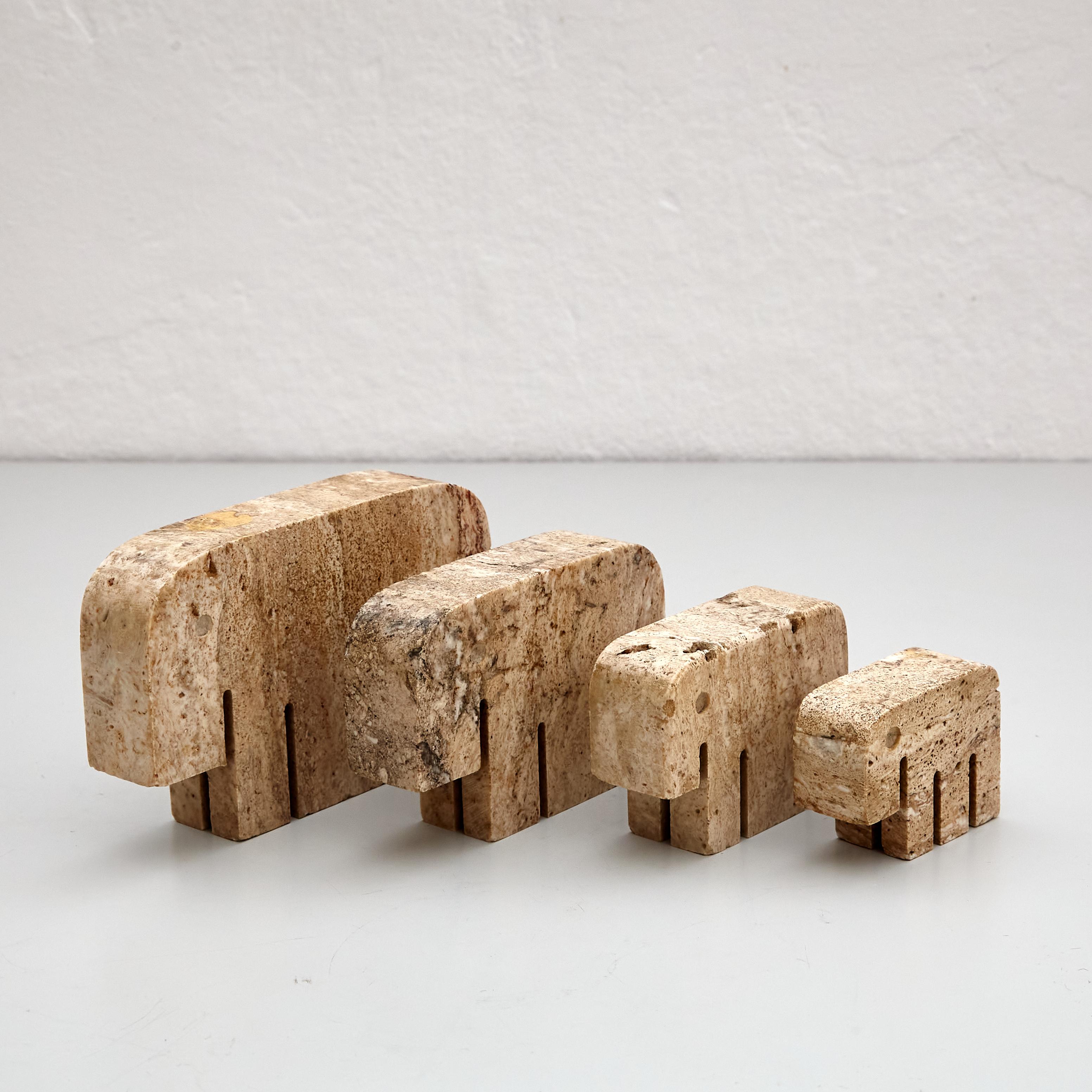 Set of 4 elephants sculpture travertine by Fratelli Mannelli

Manufactured in Italy, circa 1970.

In original condition with minor wear consistent of age and use, preserving a beautiful patina.

Materials: 
marble 

Dimensions: 
XL-D 3 cm