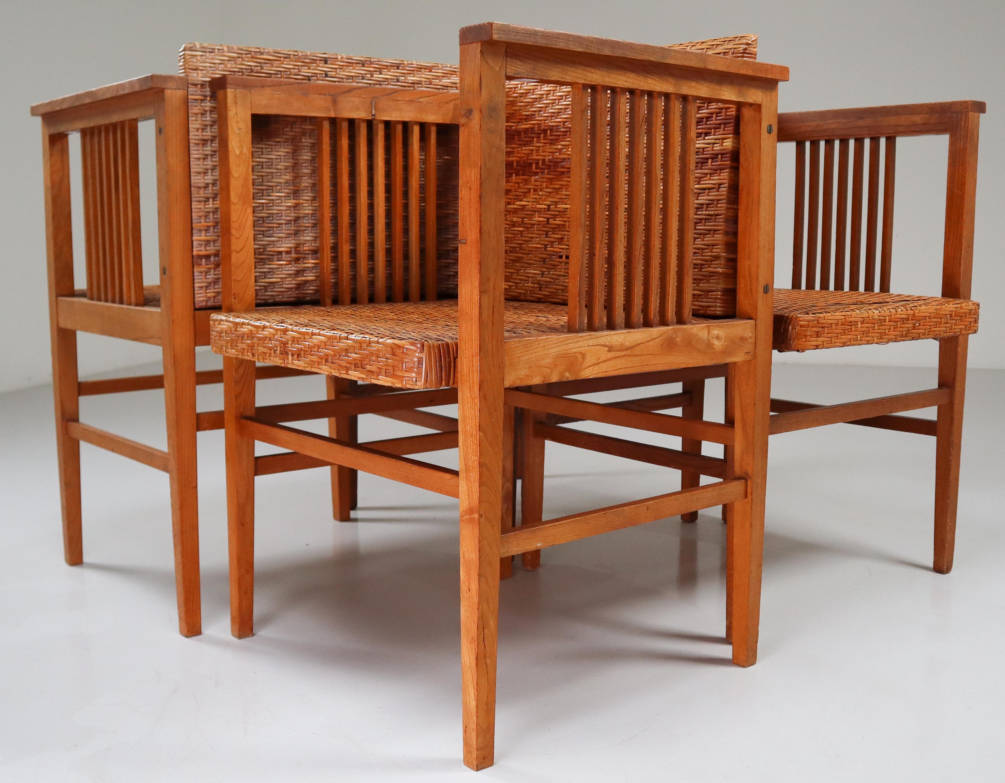 Set of Four Elm and Cane Armchairs by Hans Vollmer for Prag-Rudniker, Vienna 3