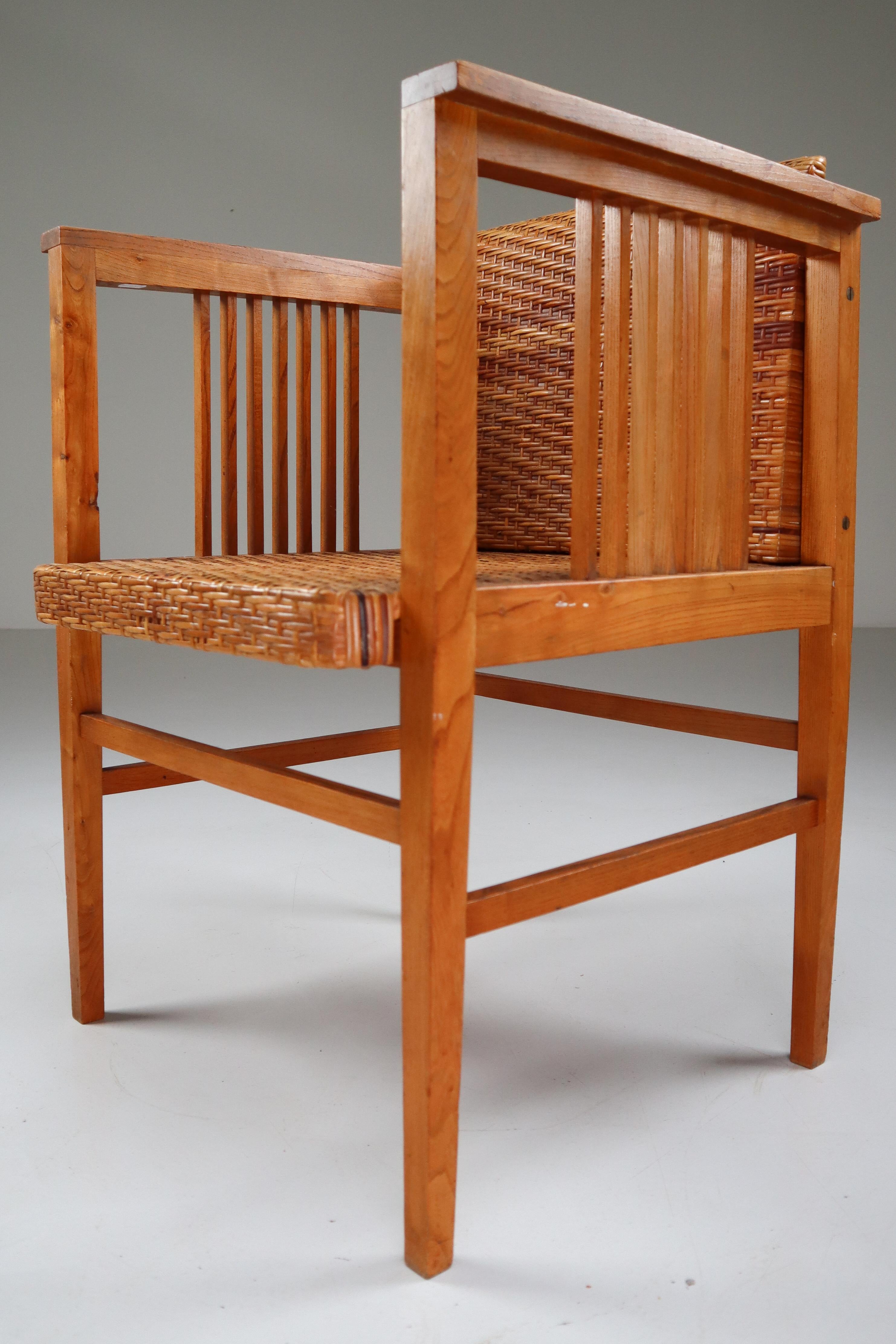 Art Nouveau Set of Four Elm and Cane Armchairs by Hans Vollmer for Prag-Rudniker, Vienna