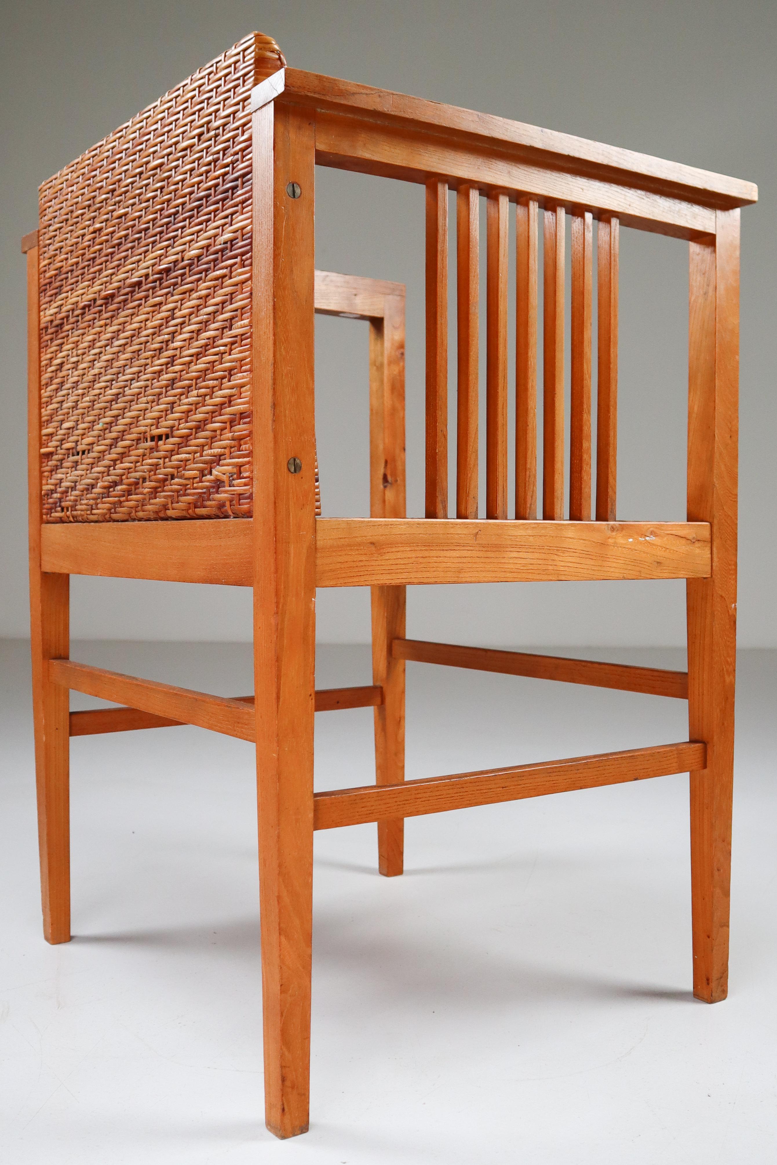 Austrian Set of Four Elm and Cane Armchairs by Hans Vollmer for Prag-Rudniker, Vienna
