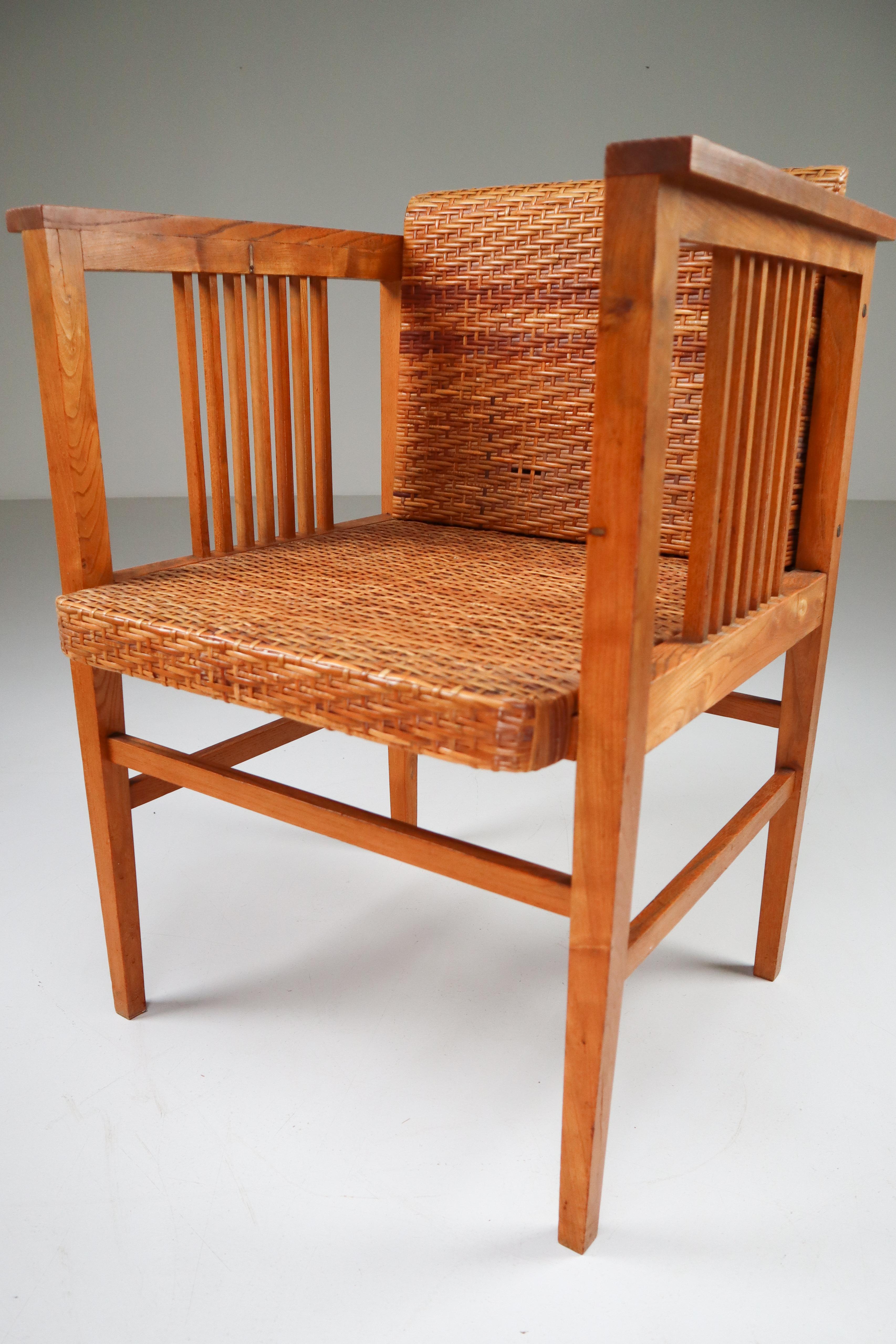 Set of Four Elm and Cane Armchairs by Hans Vollmer for Prag-Rudniker, Vienna 2