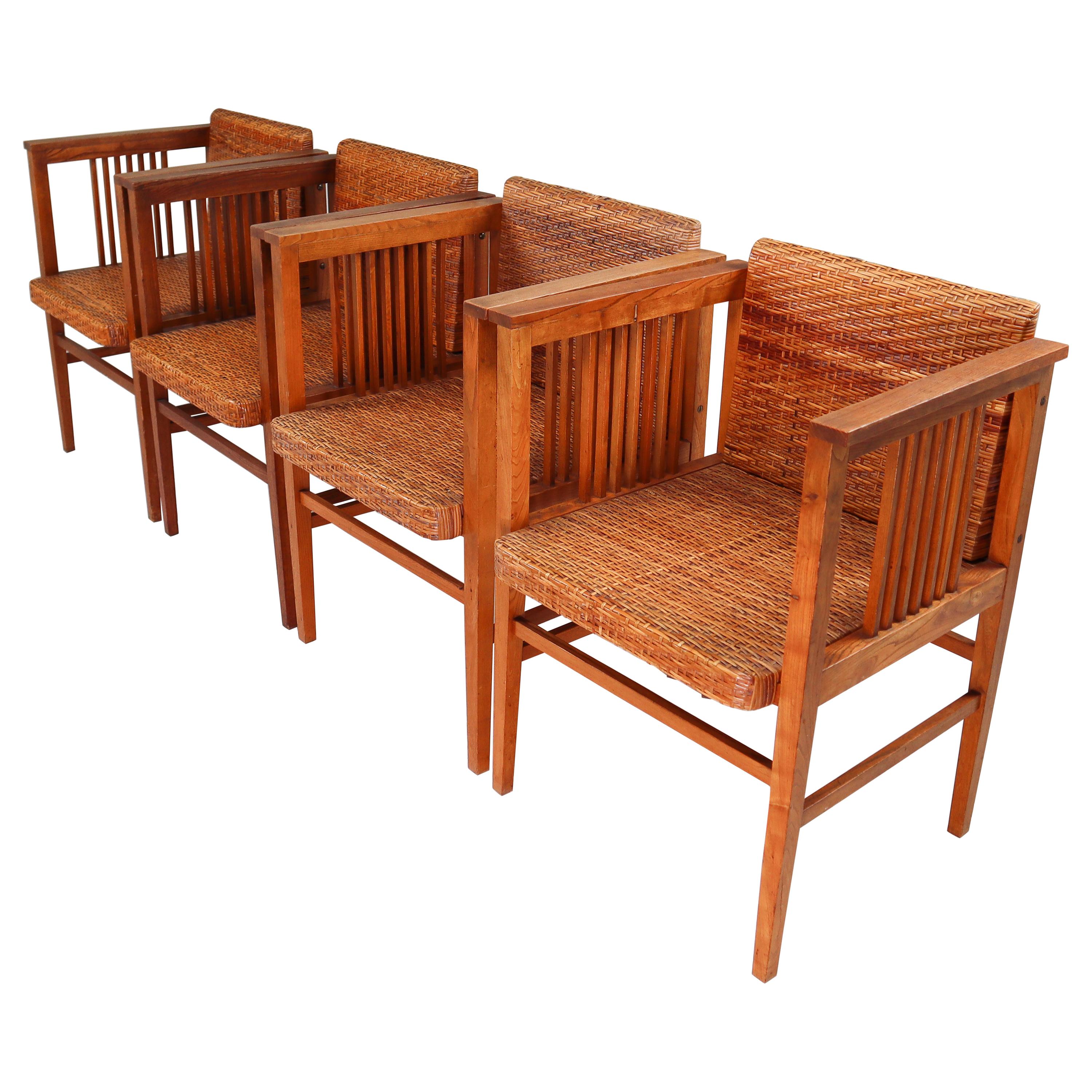 Set of Four Elm and Cane Armchairs by Hans Vollmer for Prag-Rudniker, Vienna