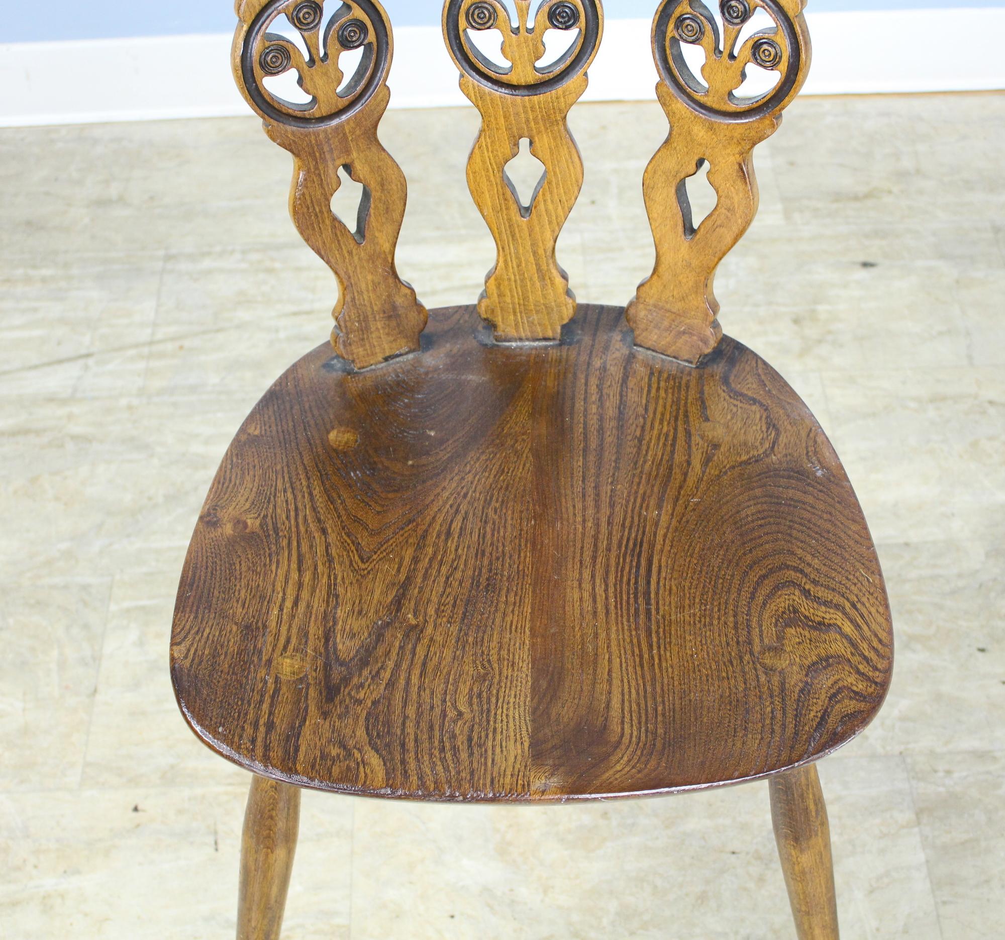 English Set of Four Elm and Fruitwood Kitchen Chairs, Prince of Wales Feather Motif