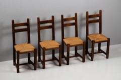 Set of Four Elm French Country Ladder-Back Dining Chairs with Rush Seats, 1950s