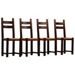 Set of Four Elm French Country Ladder-Back Dining Chairs with Rush Seats, 1950s