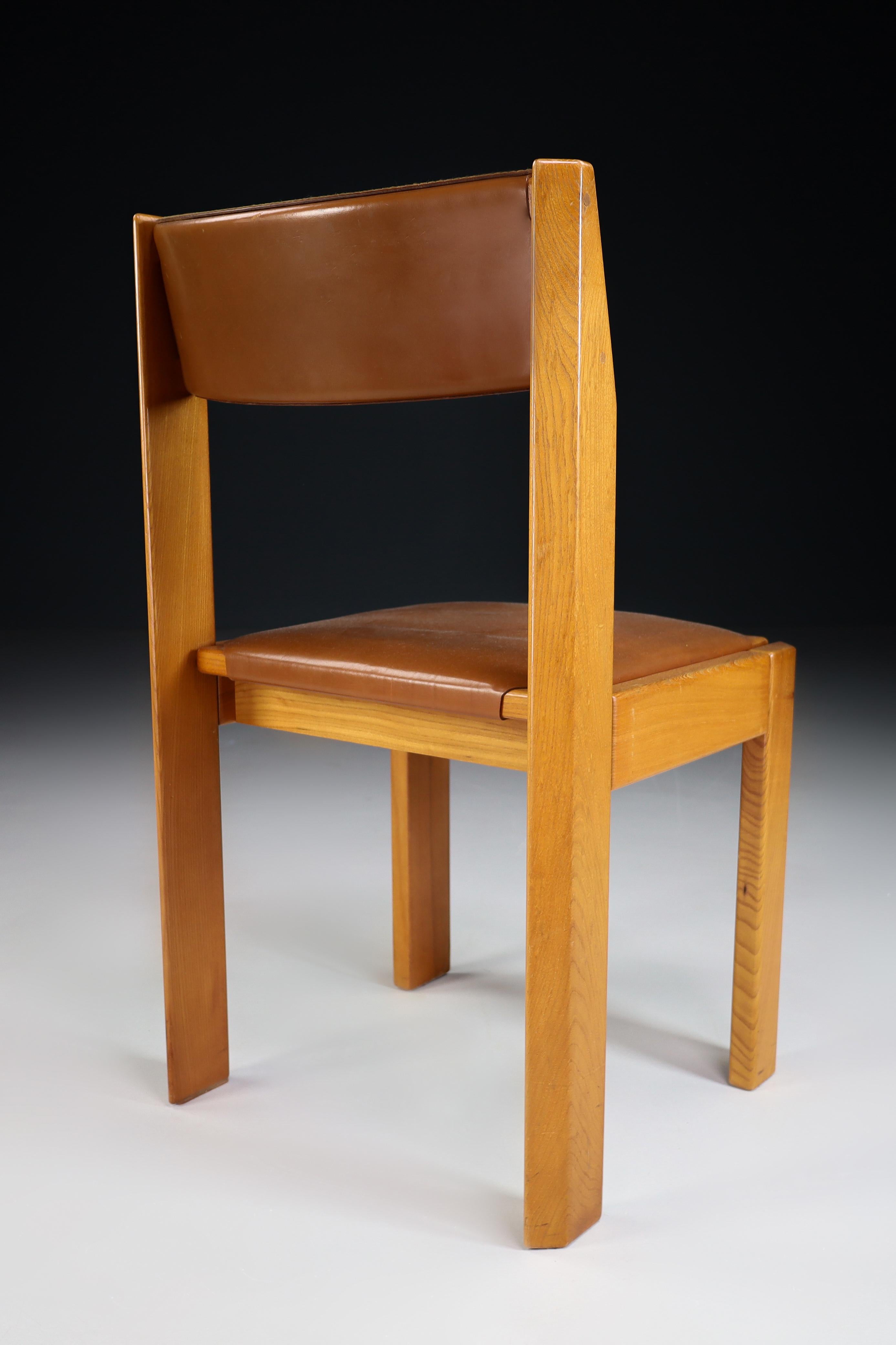 Elm and Leather Dining Chairs in the Style of Pierre Chap, France 1970s 1