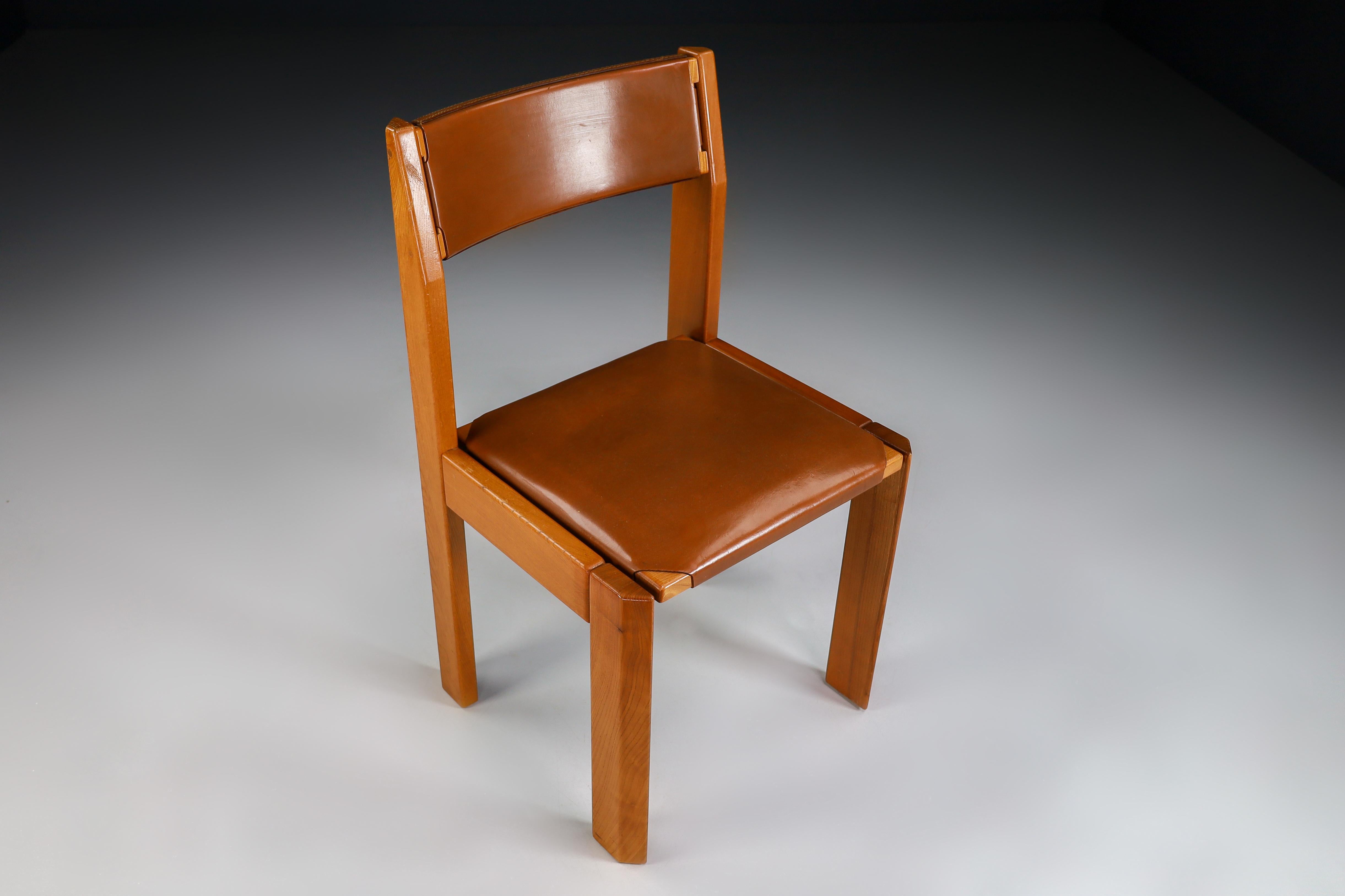 Elm and Leather Dining Chairs in the Style of Pierre Chap, France 1970s 2