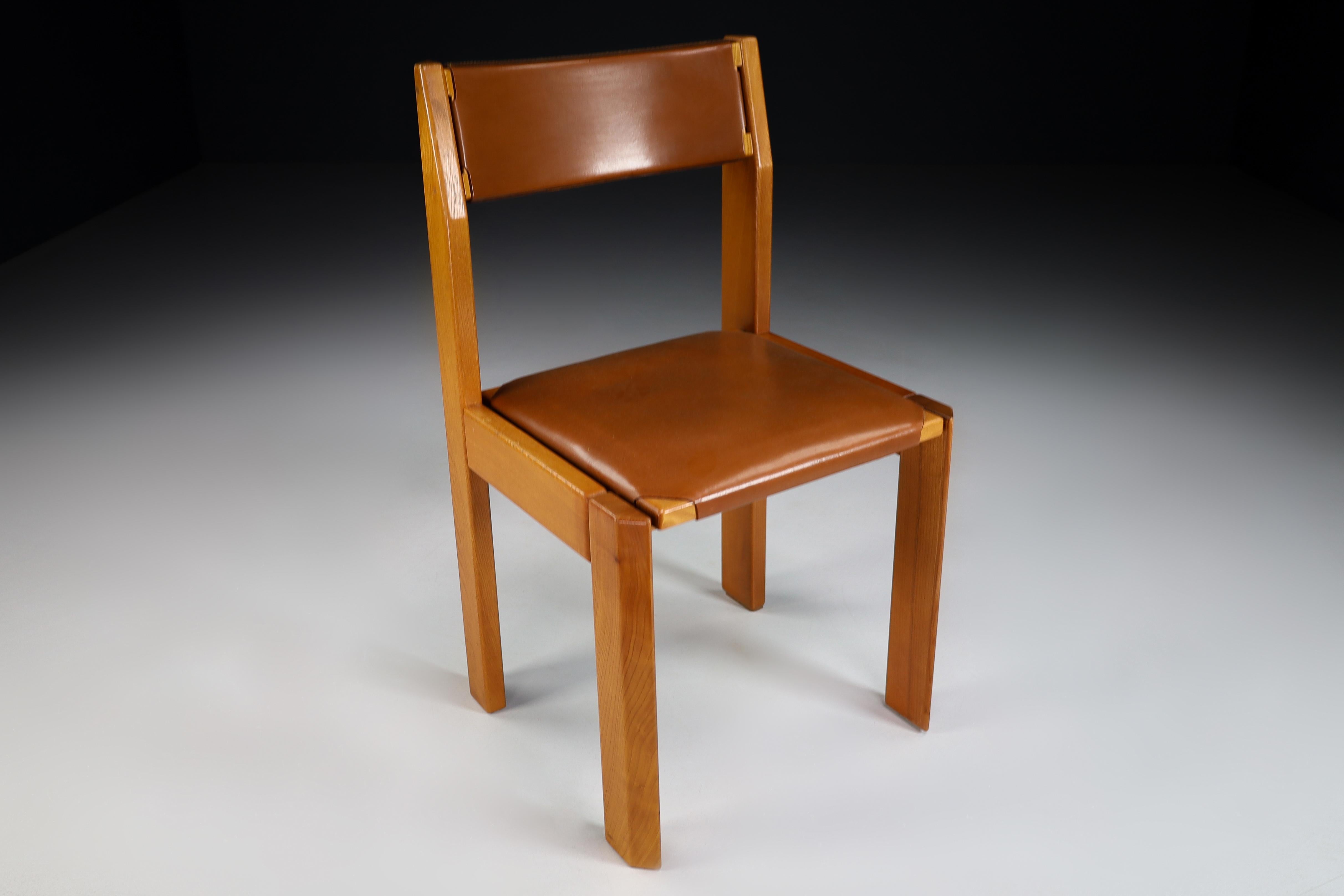 French Elm and Leather Dining Chairs in the Style of Pierre Chap, France 1970s