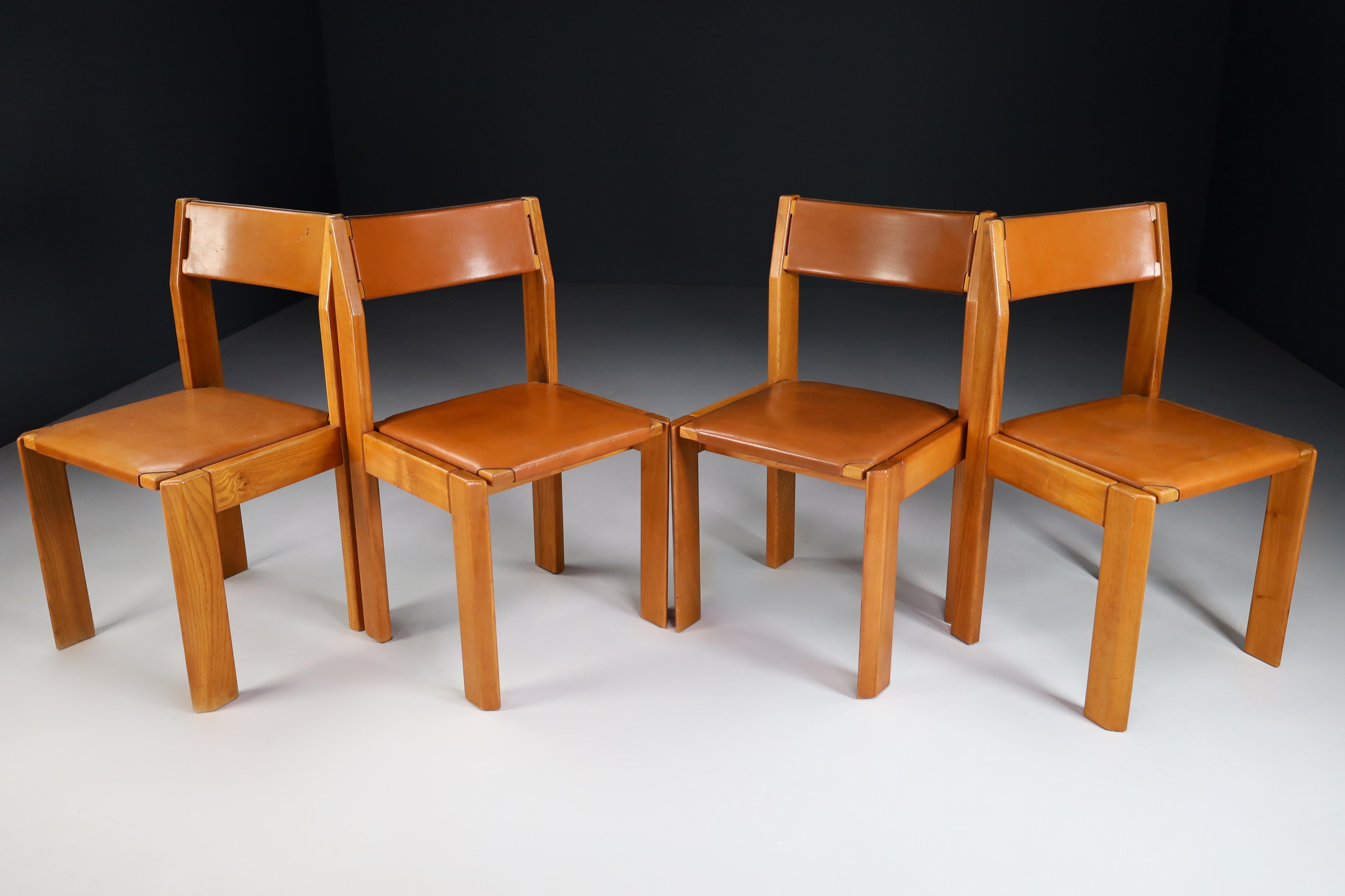 Elm and Leather Dining Chairs in the Style of Pierre Chap, France 1970s 3