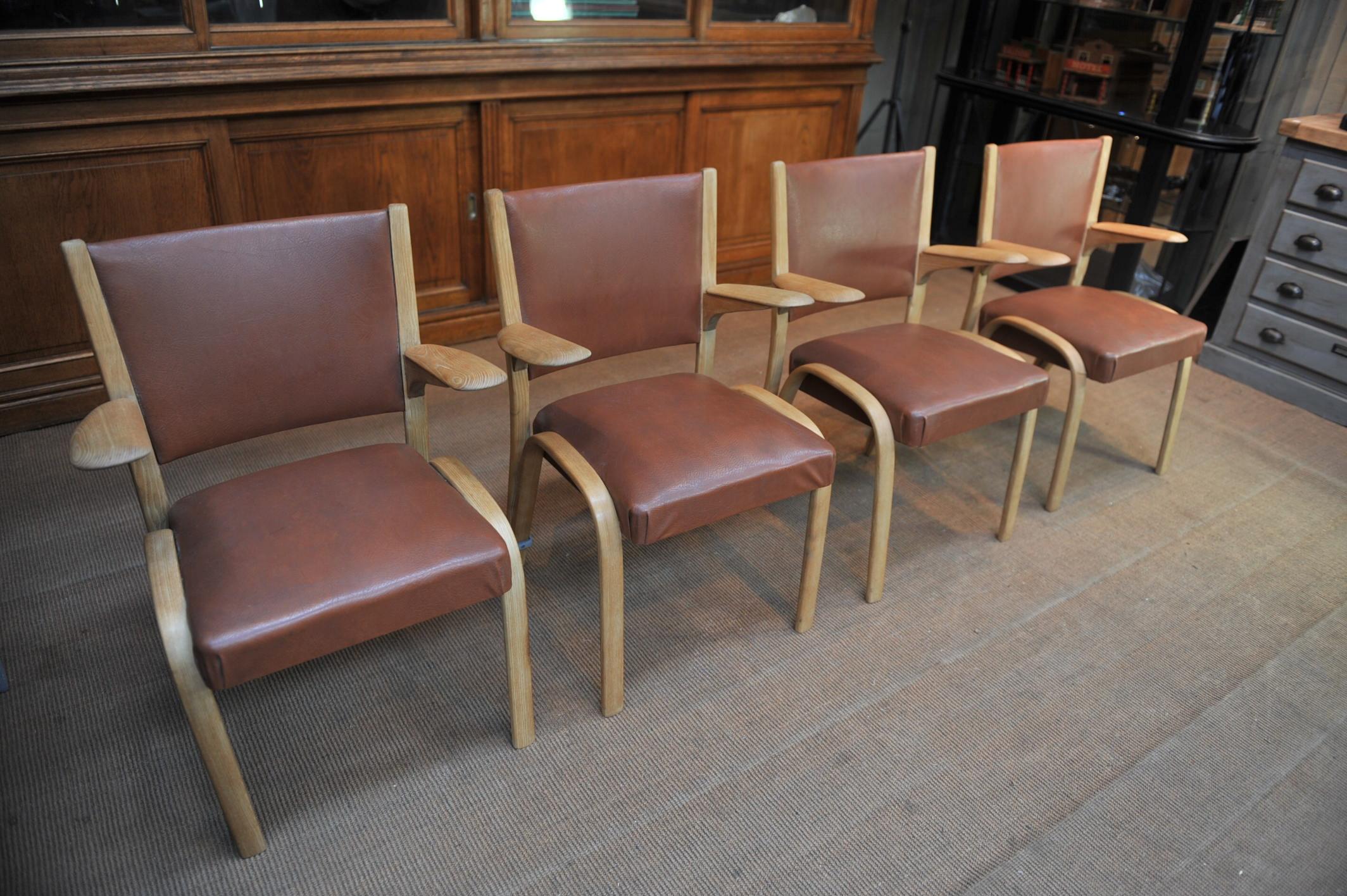 French Set of Four Elm Wood Chairs by Bow Wood France, circa 1950 For Sale