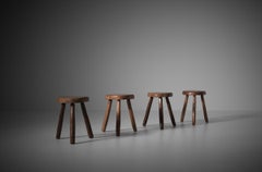 Set of Four Elm Wooden Stools, France, 1960s
