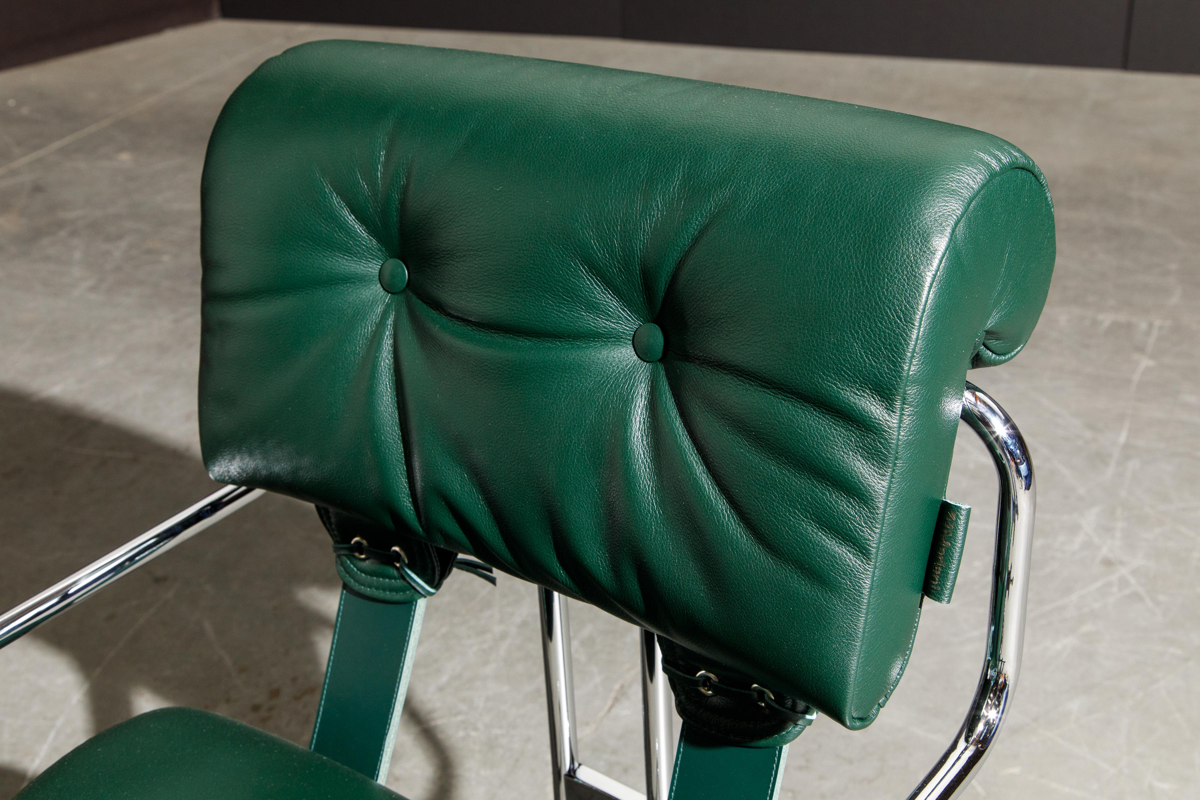 Set of Four Emerald Green Leather Tucroma Chairs by Guido Faleschini for Mariani 5