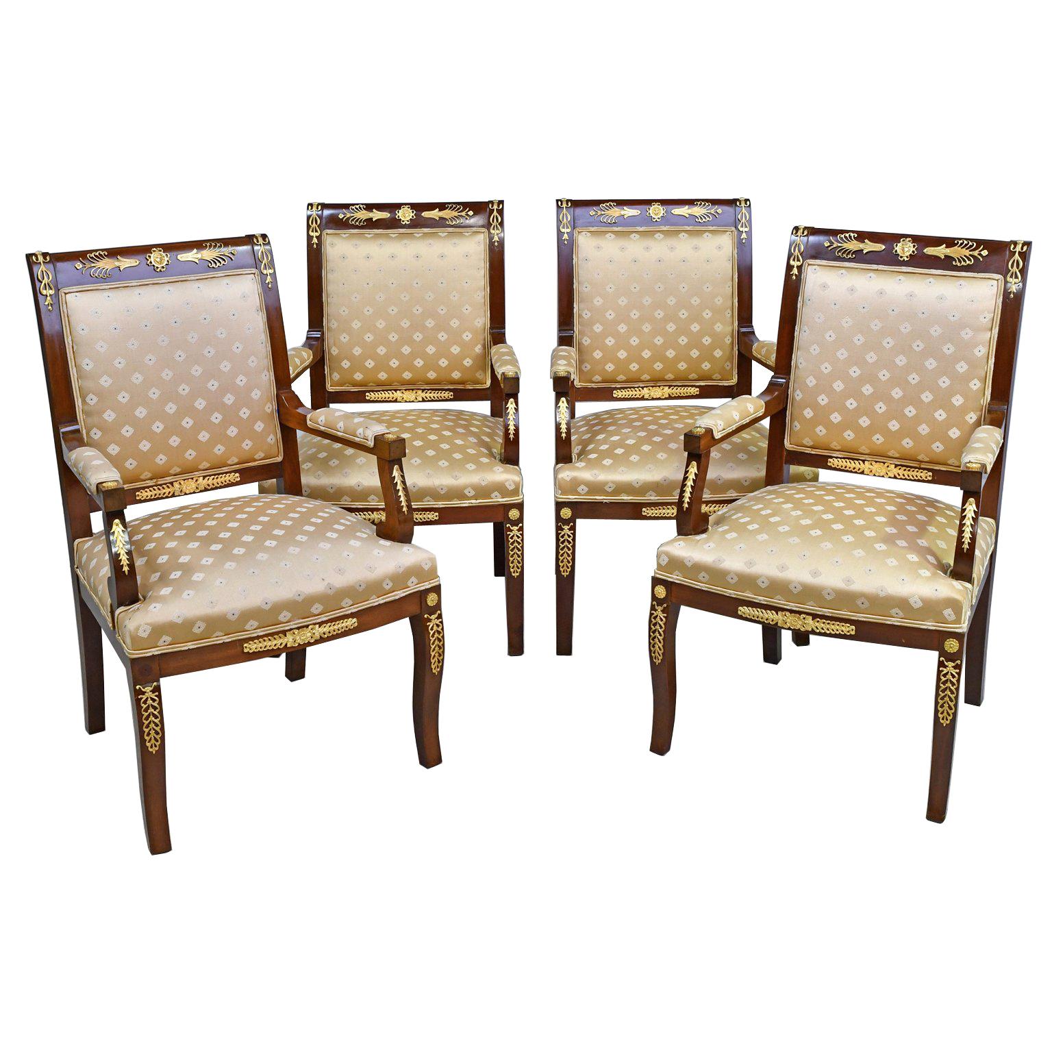 Set of Four Empire Armchairs in Mahogany with Ormolu Mounts, France, circa 1920 2