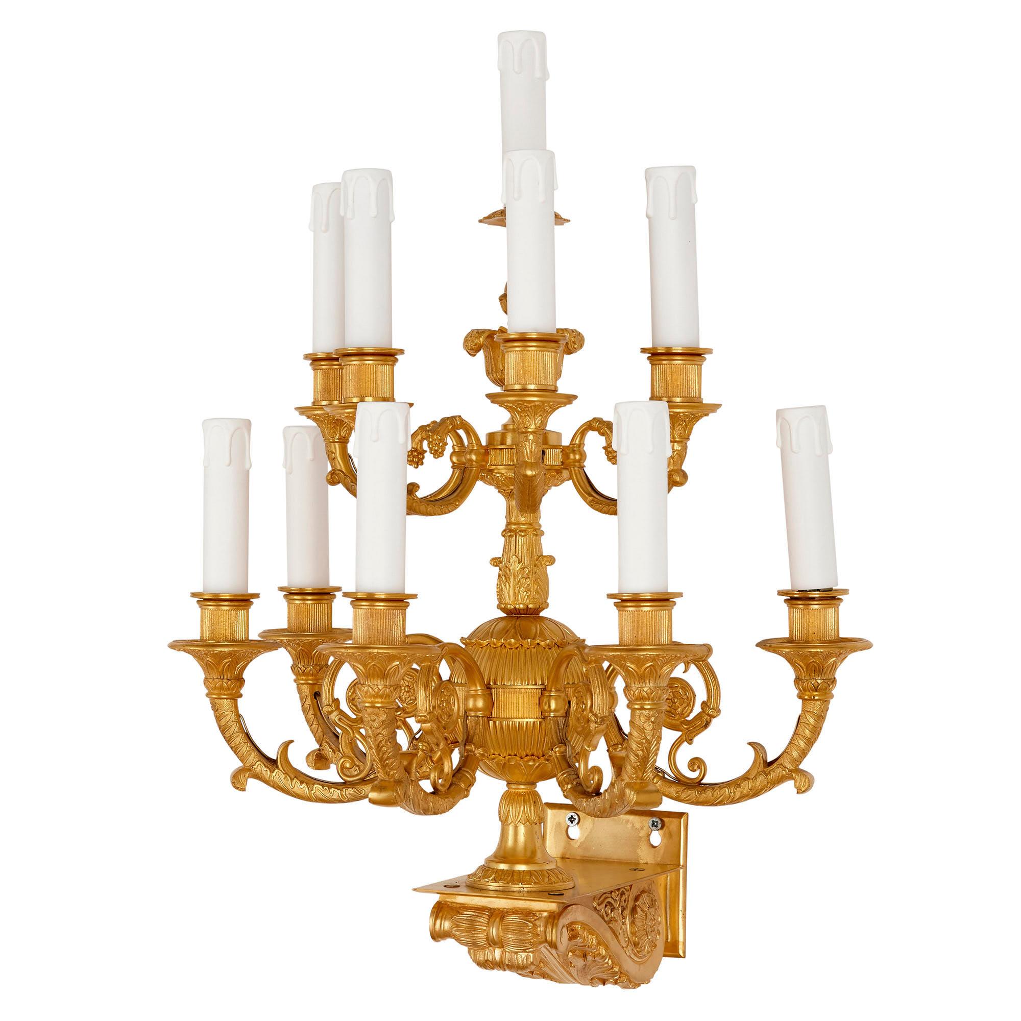 French Set of Four Empire Style Ten-Branch Gilt Bronze Sconces For Sale