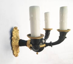 Set of Four Empire Style Three-Light Wall Sconces, Gilt and Patinated