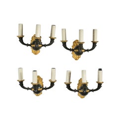Antique Set of Four Empire Style Three-Light Wall Sconces, Gilt and Patinated