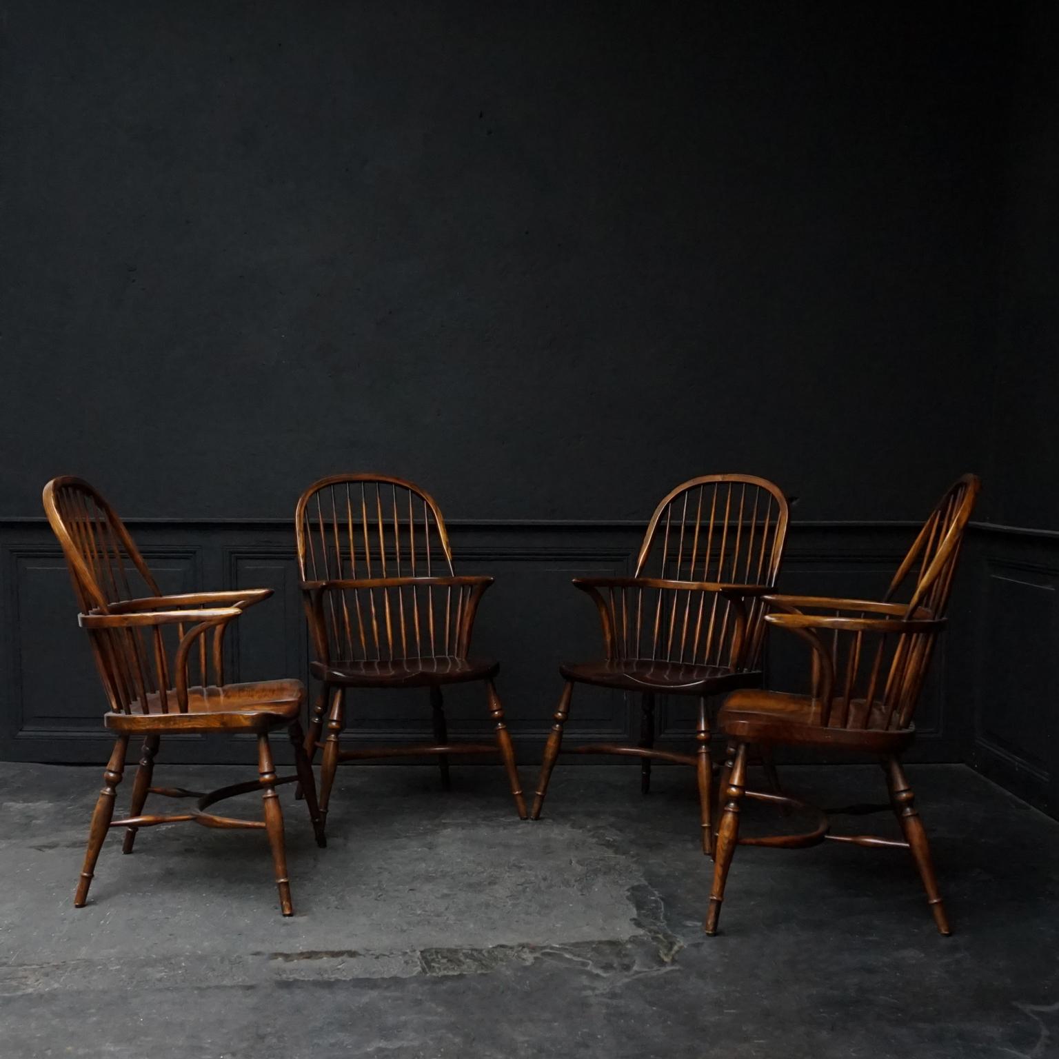 Set of four 19th century yew and elm wood Lincolnshire bow-back Windsor armchairs

The main period of Windsor chair production was the 19th century. However the design originated in the early 18th century when it is thought that Windsors were