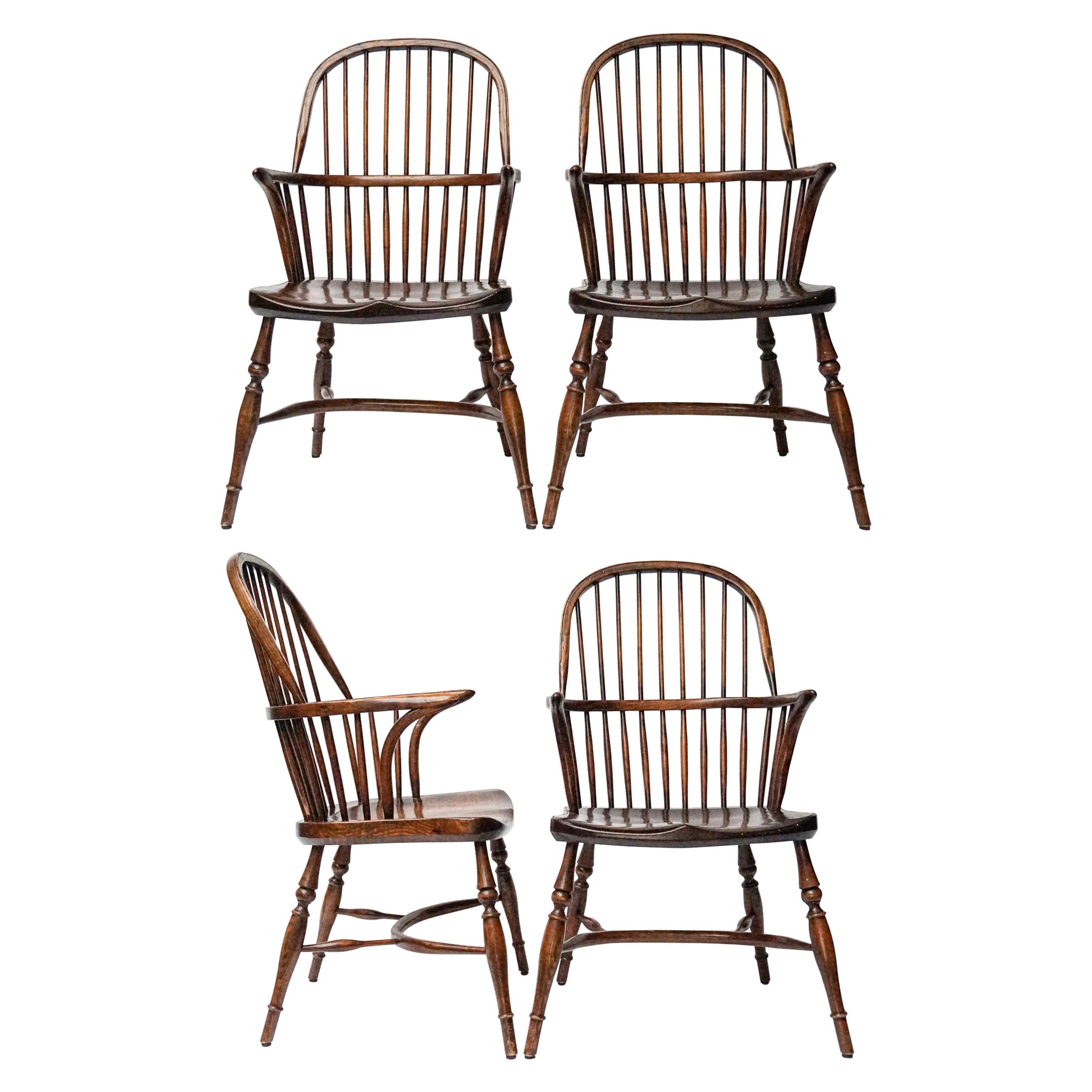Set of Four English 19th Century Yew and Elm Wood Windsor Bow-Back Armchairs