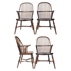 Antique Set of Four English 19th Century Yew and Elm Wood Windsor Bow-Back Armchairs