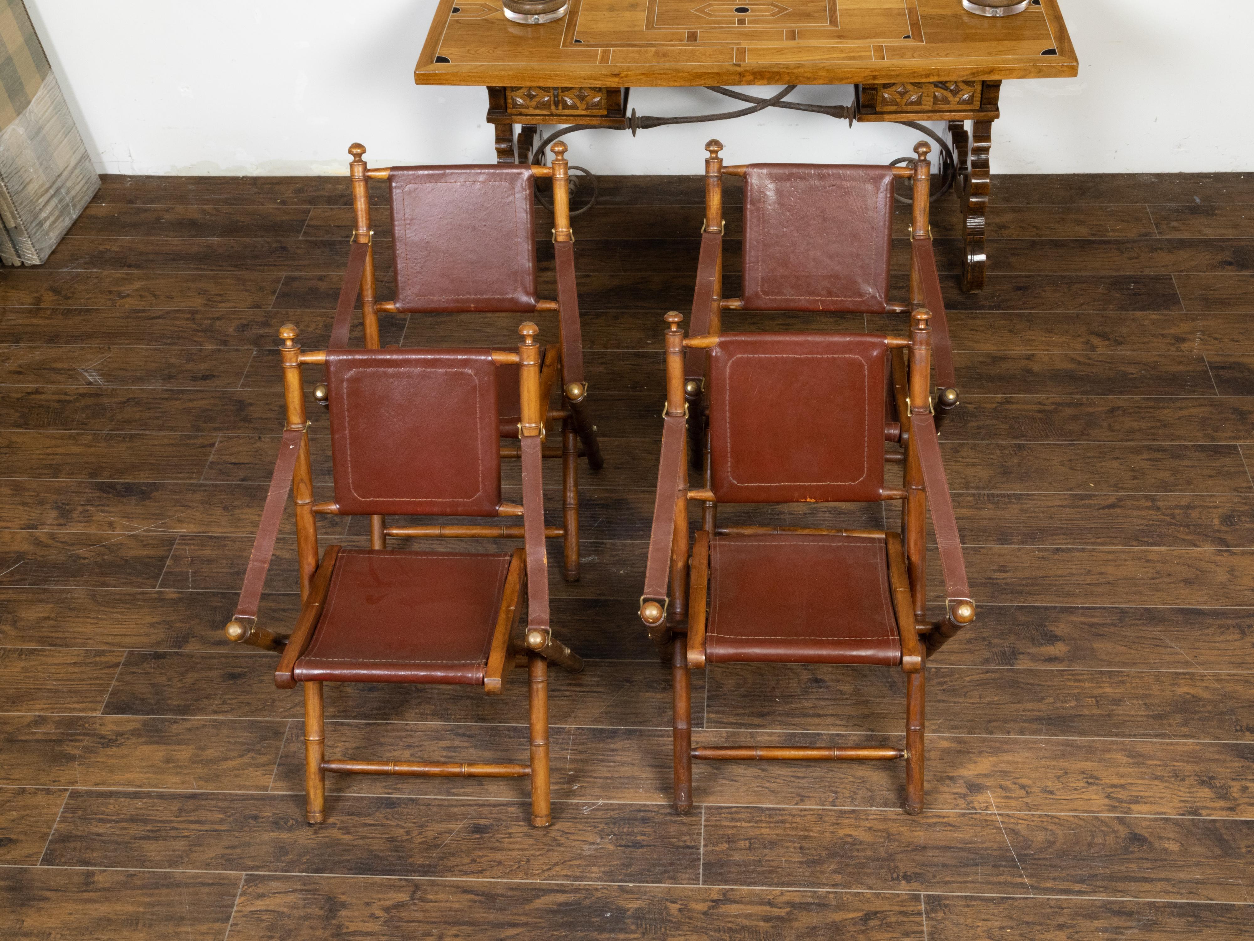 Turned Set of Four English Campaign Faux Bamboo Folding Side Chairs with Leather Seats