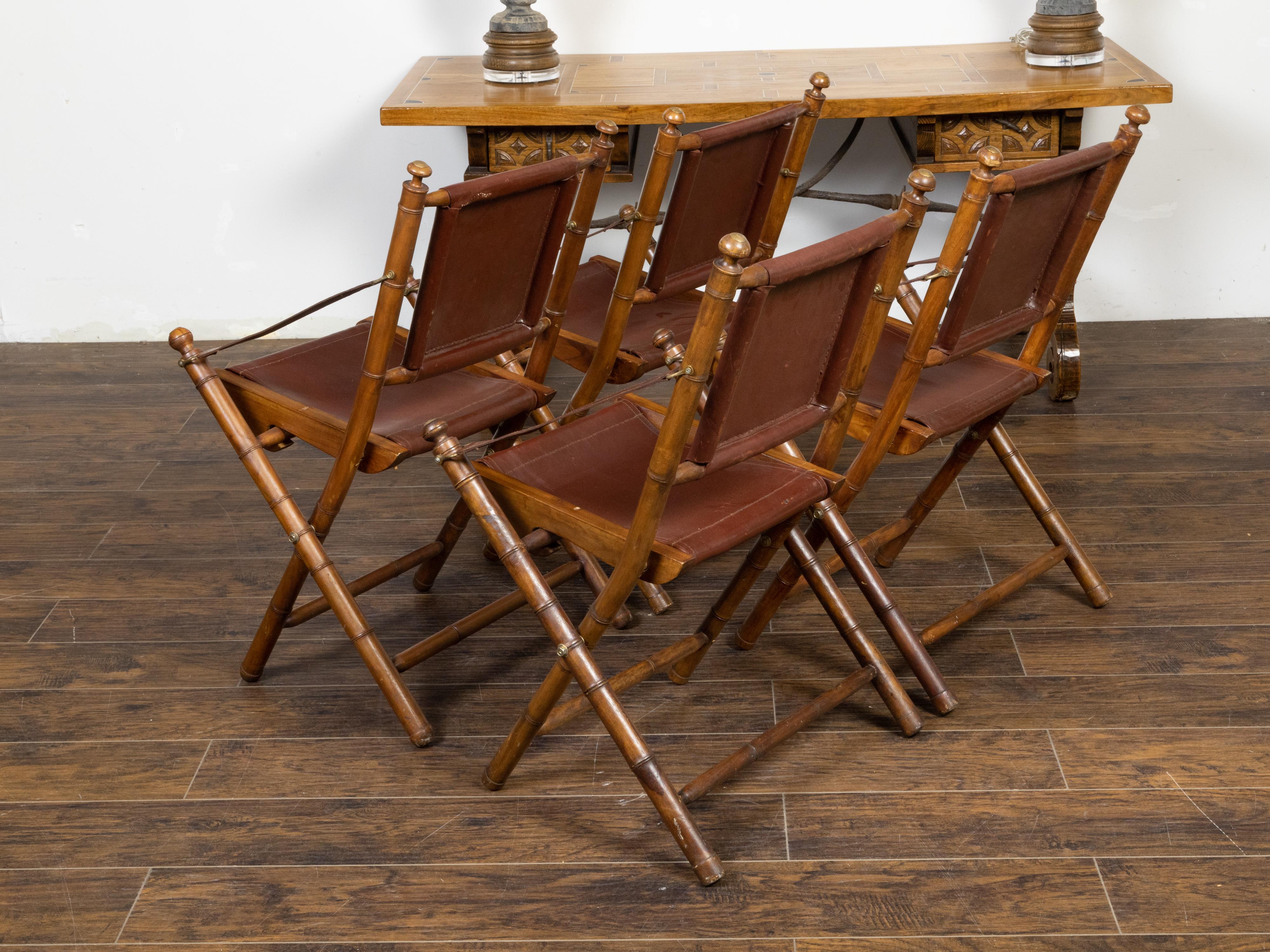 Set of Four English Campaign Faux Bamboo Folding Side Chairs with Leather Seats 1