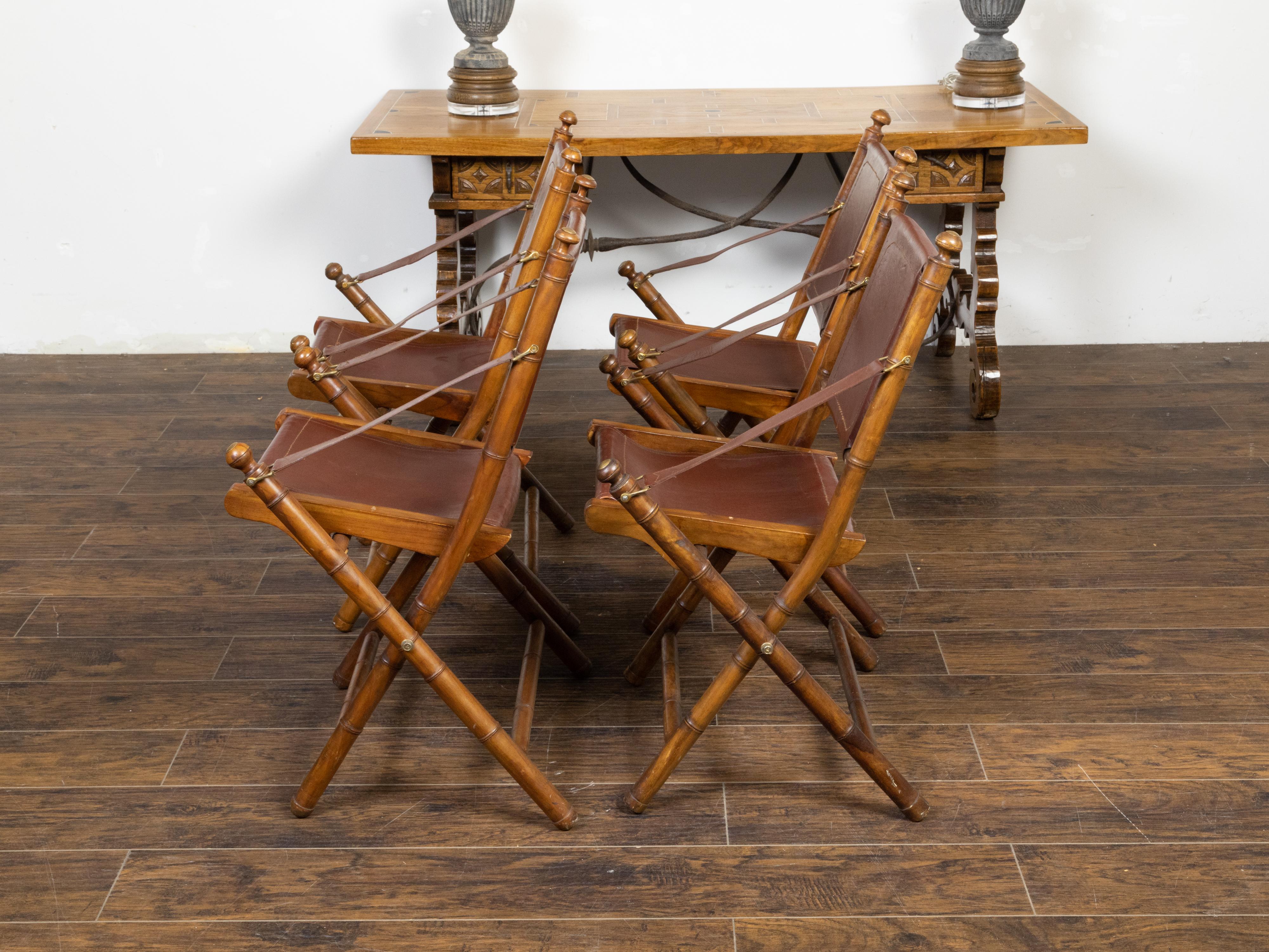 Set of Four English Campaign Faux Bamboo Folding Side Chairs with Leather Seats 2