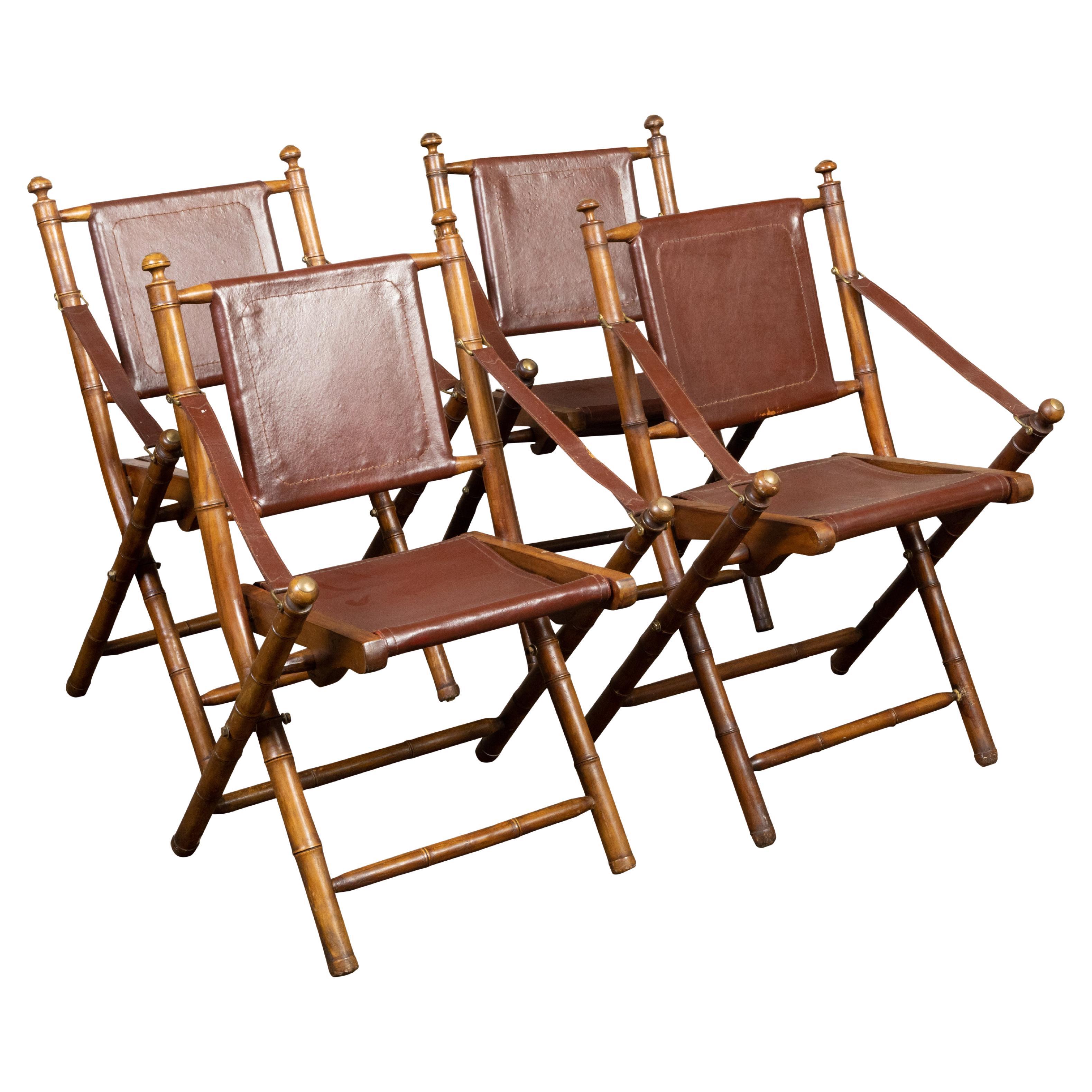 Set of Four English Campaign Faux Bamboo Folding Side Chairs with Leather Seats