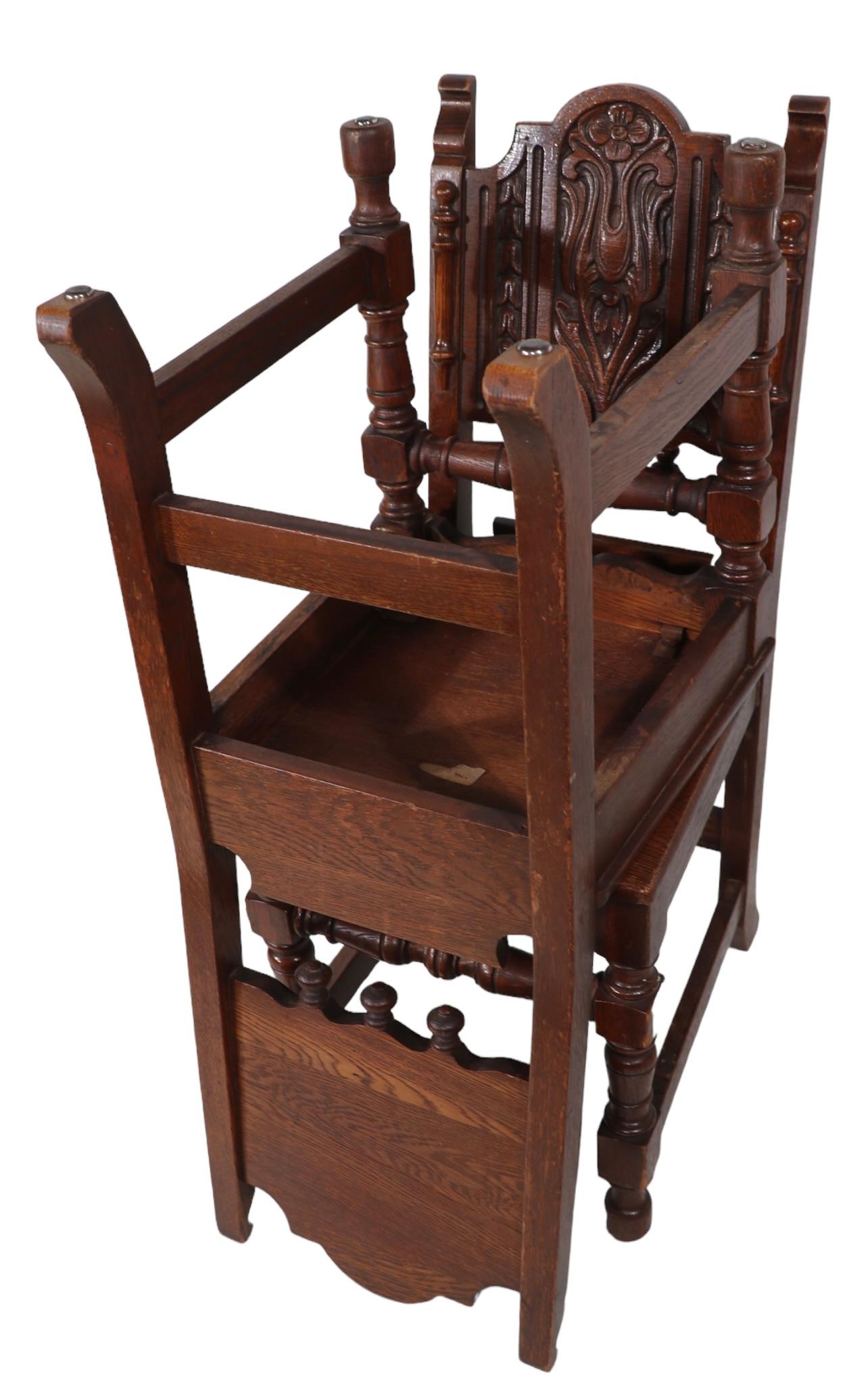 Set of Four English Carved Oak Cafe Dining Chairs in the Jacobean Style c 1920's For Sale 2
