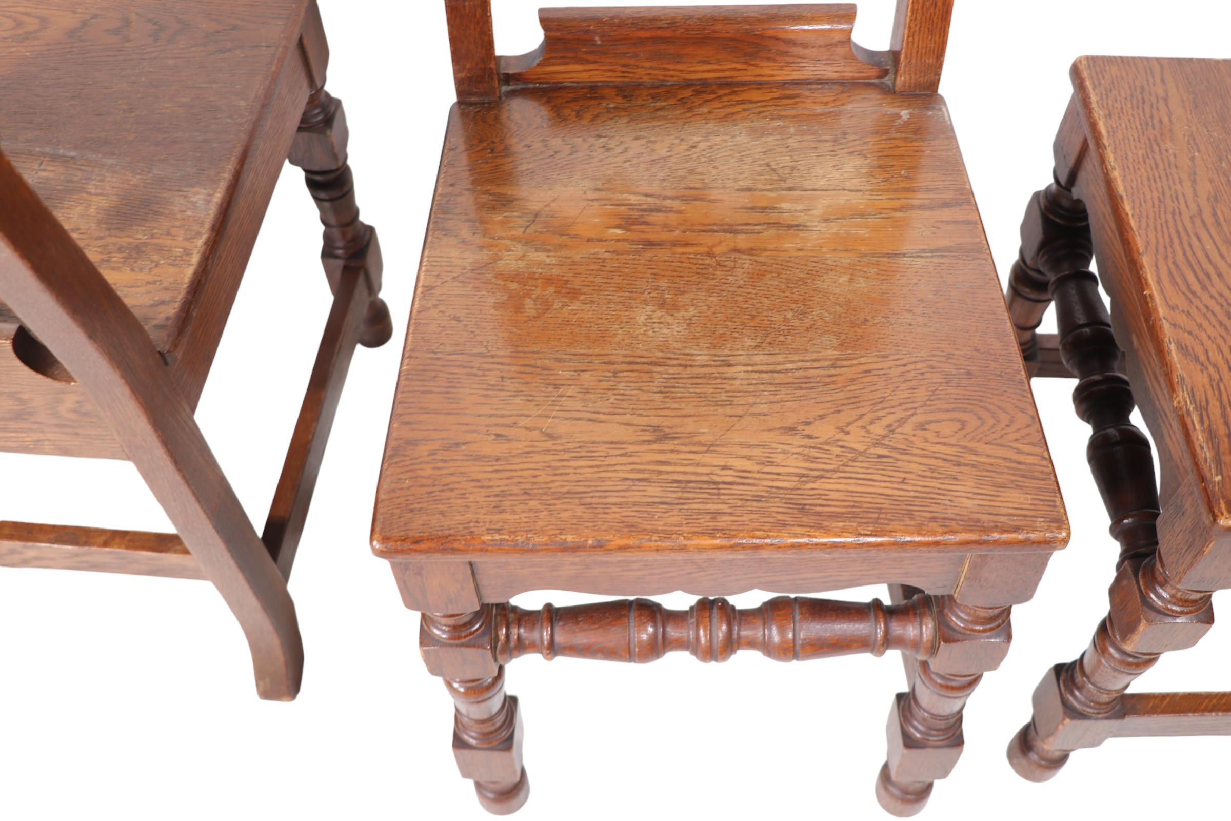 Set of Four English Carved Oak Cafe Dining Chairs in the Jacobean Style c 1920's For Sale 3