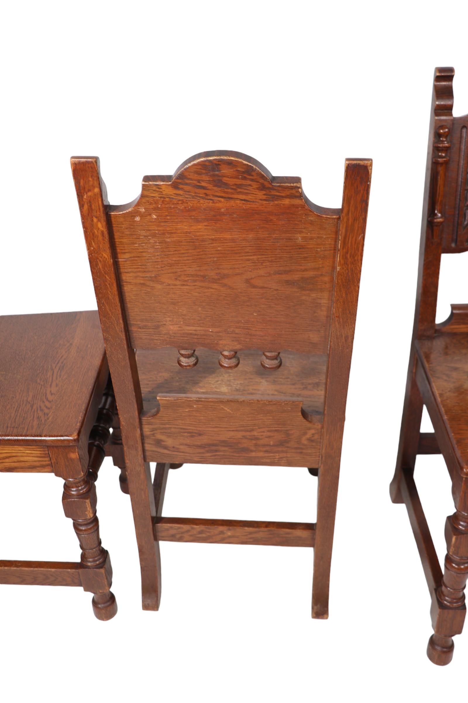 Set of Four English Carved Oak Cafe Dining Chairs in the Jacobean Style c 1920's For Sale 6